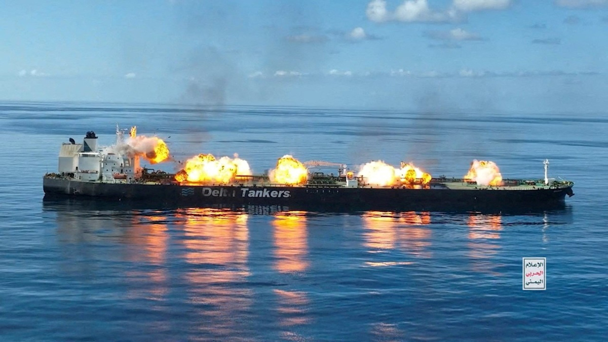 FILE PHOTO: Explosions take place on the deck of the Greek-flagged oil tanker Sounion on the Red Sea, in this handout picture released August 29, 2024. Houthi Military Media