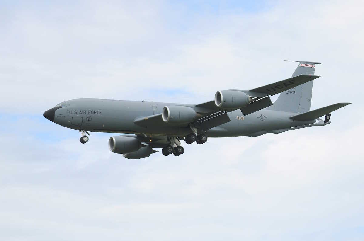 Military tanker aircraft Boeing KC-135R Stratotanker landing. Photo