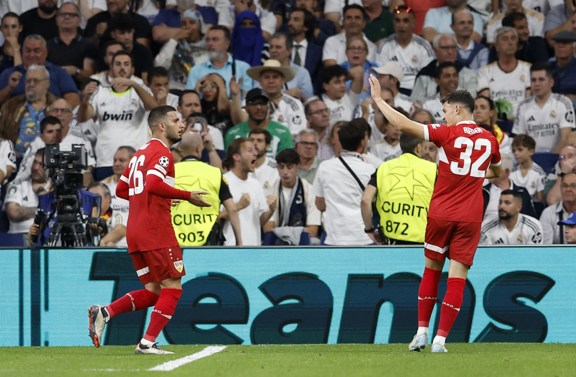 Soccer Football - Champions League - Real Madrid v VfB Stuttgart - Santiago Bernabeu, Madrid, Spain - September 17, 2024 VfB Stuttgart's Deniz Undav celebrates scoring their first goal with Fabian Rieder REUTERS