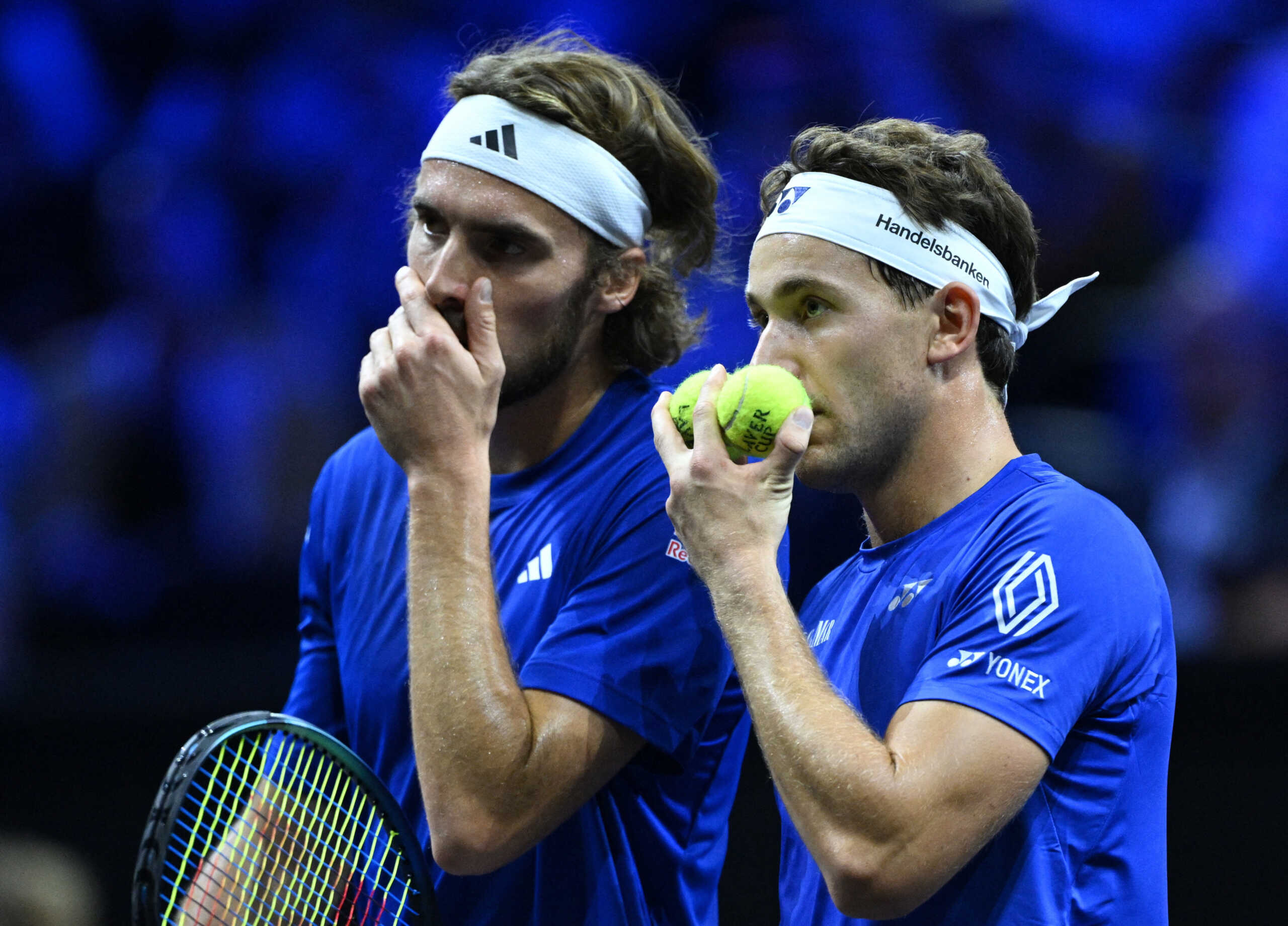 Tennis - Laver Cup - Uber Arena, Berlin, Germany - September 21, 2024 Team Europe's Casper Ruud and Stefanos Tsitsipas react during their doubles match against Team World's Ben Shelton and Alejandro Tabilo REUTERS