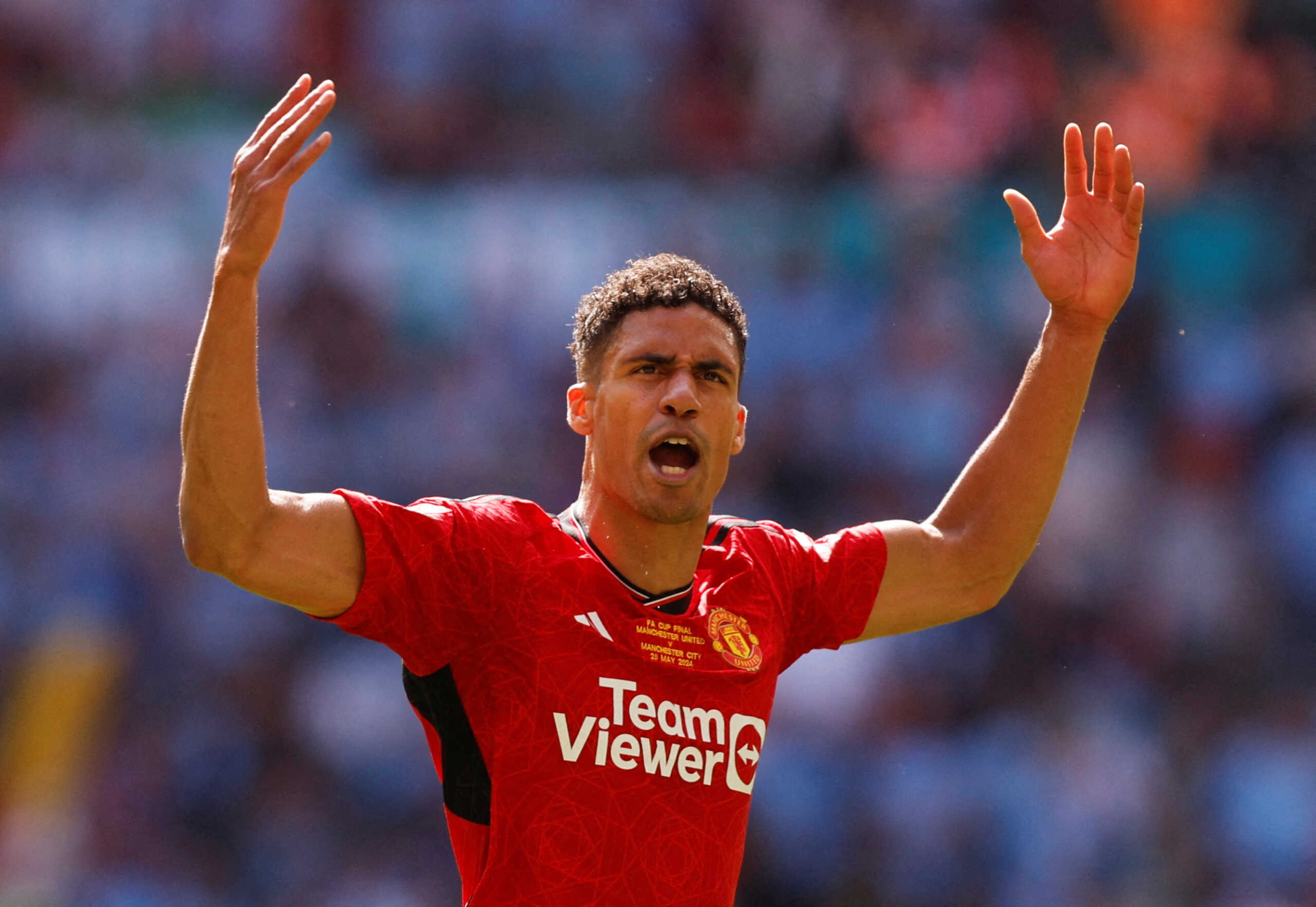 FILE PHOTO: Soccer Football - FA Cup - Final - Manchester City v Manchester United - Wembley Stadium, London, Britain - May 25, 2024 Manchester United's Raphael Varane reacts at half time Action Images via Reuters