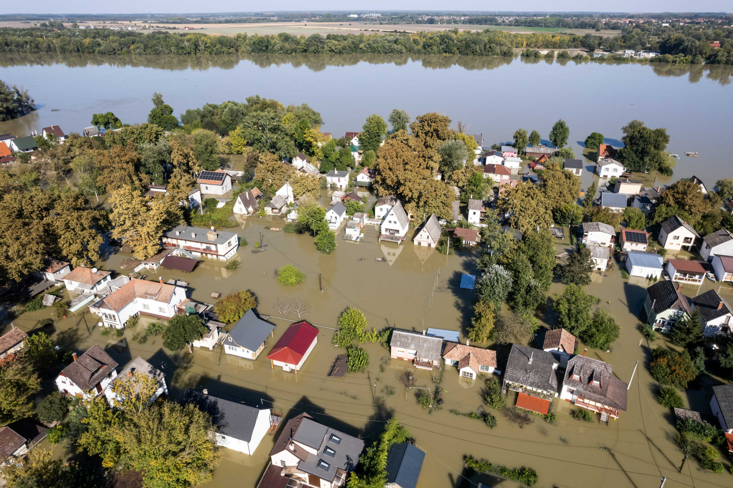 A drone view shows flooded houses in Baja, Hungary, September 22, 2024. REUTERS