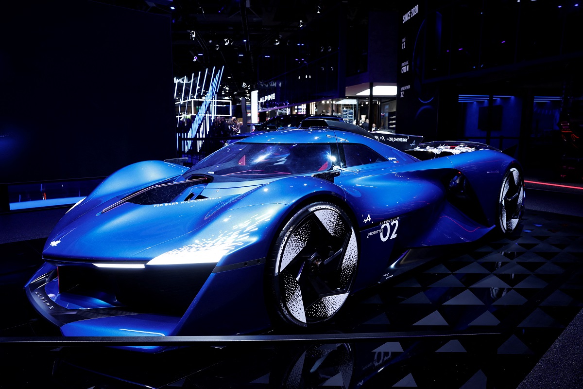 The Alpine Alpenglow Hy6 prototype car is displayed on media day at the 2024 Paris Auto Show in Paris, France, October 14, 2024. REUTERS