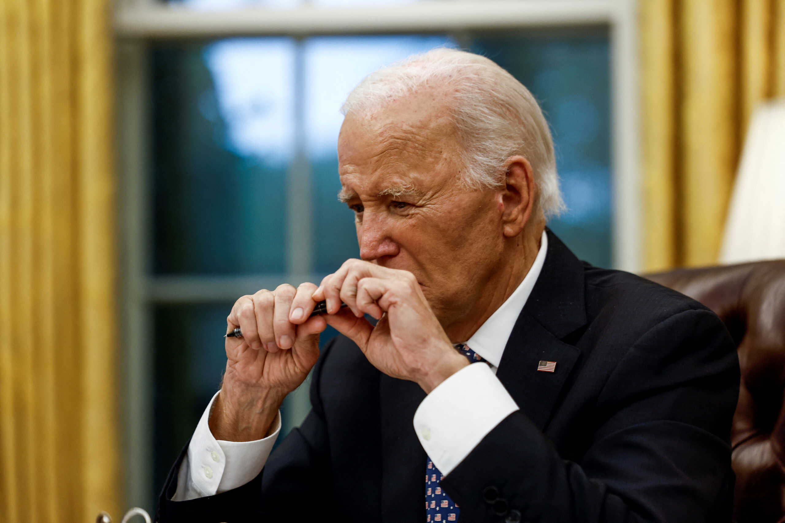 U.S. President Joe Biden sits in the Oval Office as he provides an update on the Hurricane Helene response and recovery efforts, at the White House in Washington, U.S., September 30, 2024. REUTERS