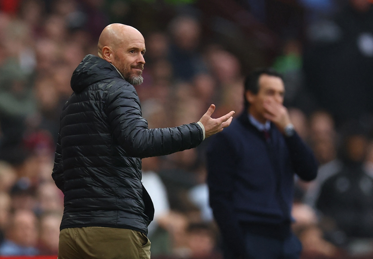 Soccer Football - Premier League - Aston Villa v Manchester United - Villa Park, Birmingham, Britain - October 6, 2024  Manchester United manager Erik ten Hag reacts REUTERS