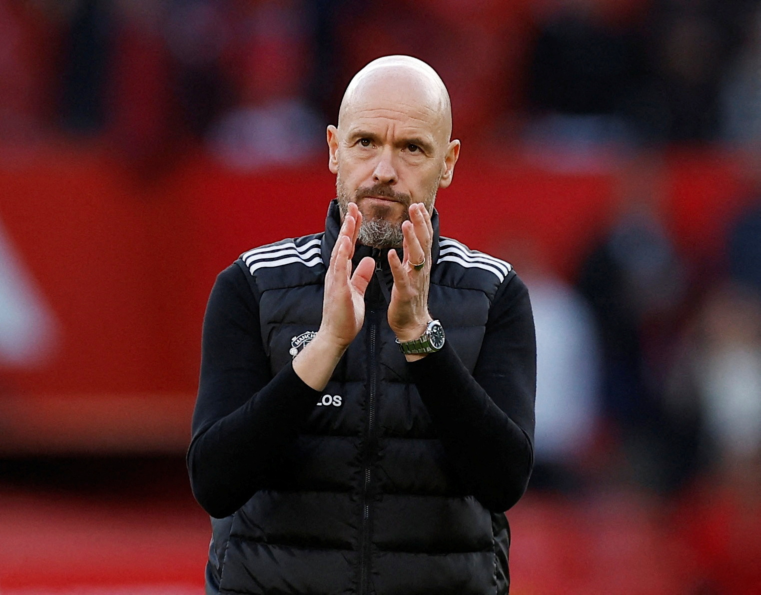 FILE PHOTO: Soccer Football - Premier League - Manchester United v Brentford - Old Trafford, Manchester, Britain - October 19, 2024 Manchester United manager Erik ten Hag applauds fans after the match Action Images via Reuters