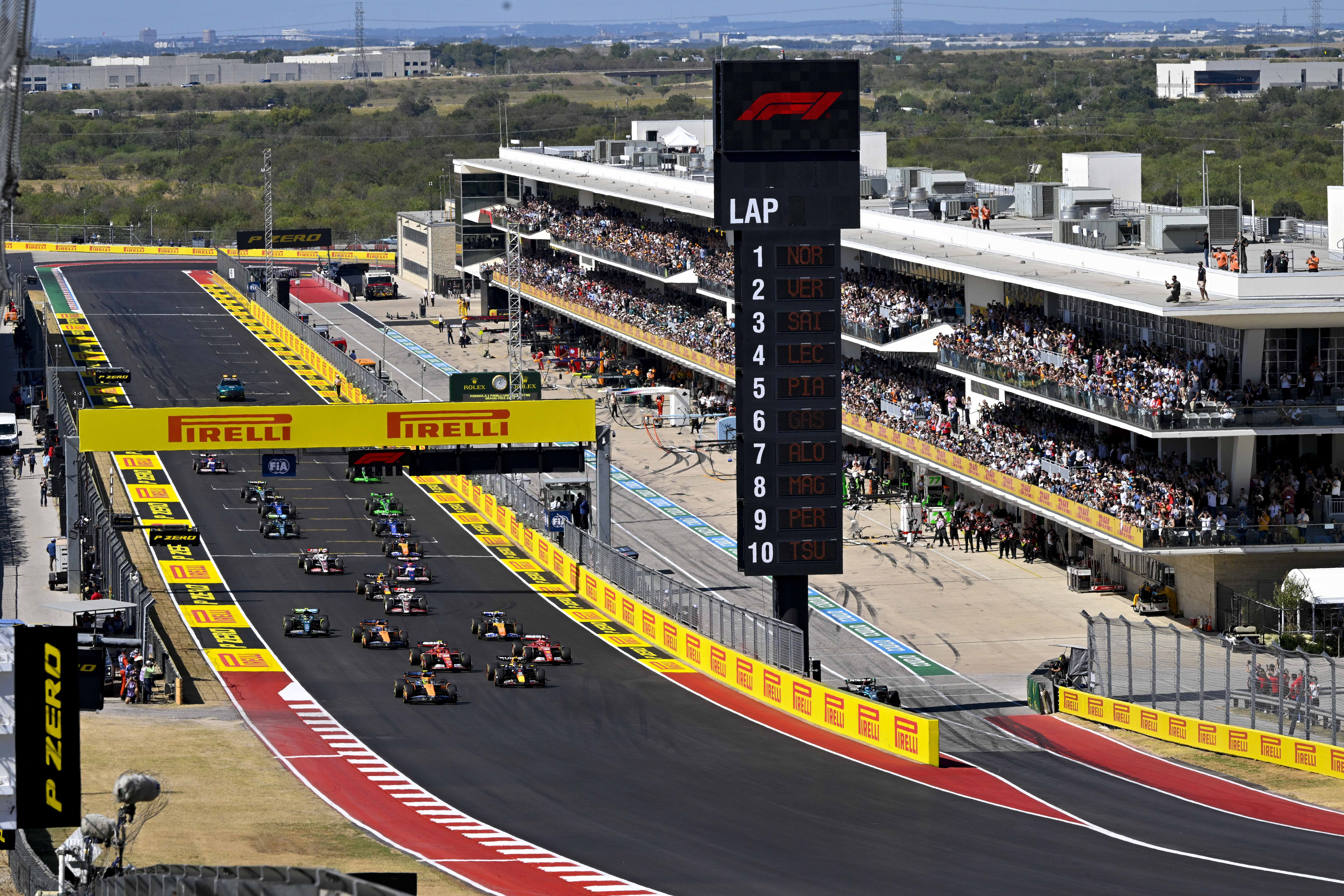 Oct 20, 2024; Austin, Texas, USA; A view of the field of cars and the paddock at the start of the 2024 Formula One US Grand Prix at Circuit of the Americas. Mandatory Credit: Jerome Miron-Imagn Images