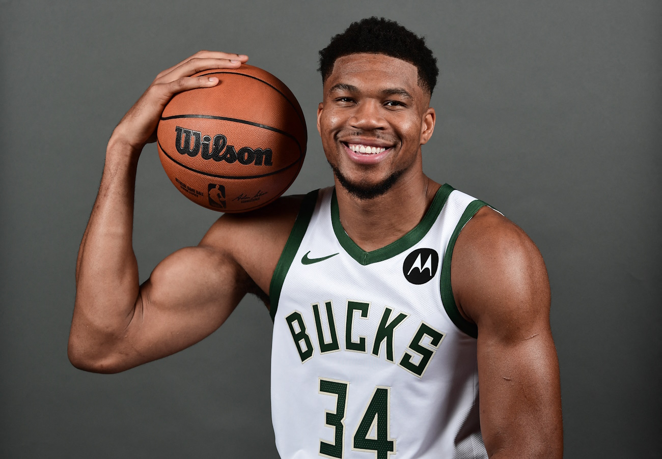 Sep 30, 2024; Milwaukee, WI, USA; Milwaukee Bucks forward Giannis Antetokounmpo (34) during Media Day at Fiserv Forum. Mandatory Credit: Benny Sieu-Imagn Images