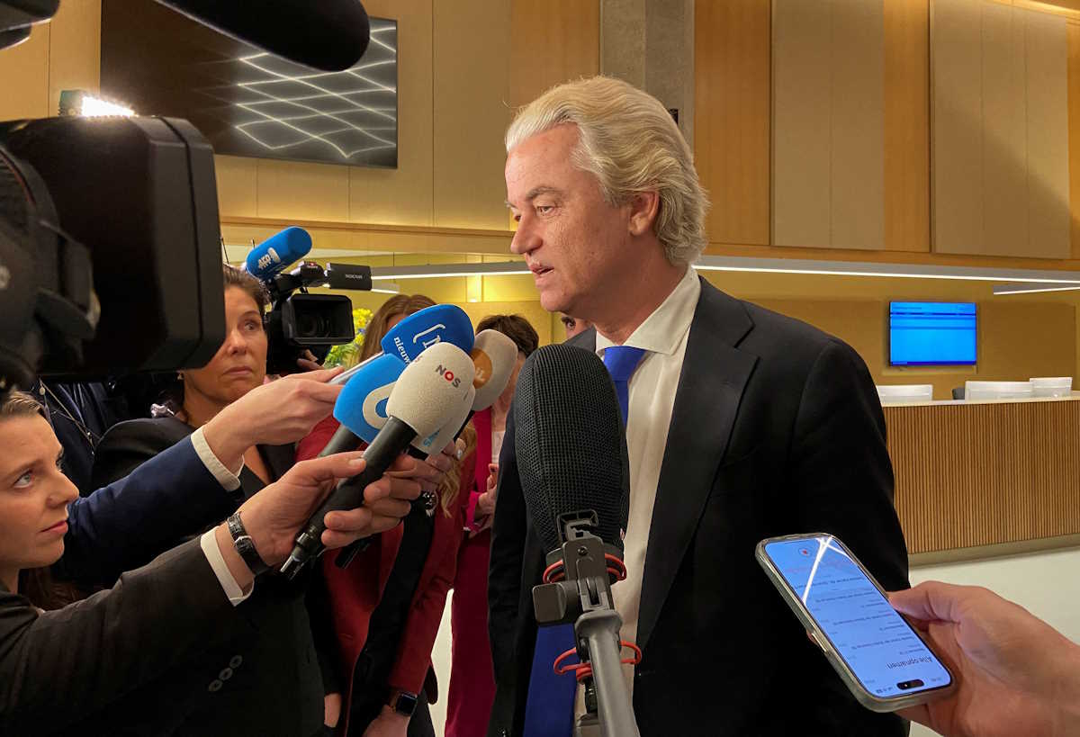 FILE PHOTO: Dutch far-right leader Geert Wilders speaks to media in The Hague, Netherlands after polls closed in an EU election on June 6, 2024. REUTERS