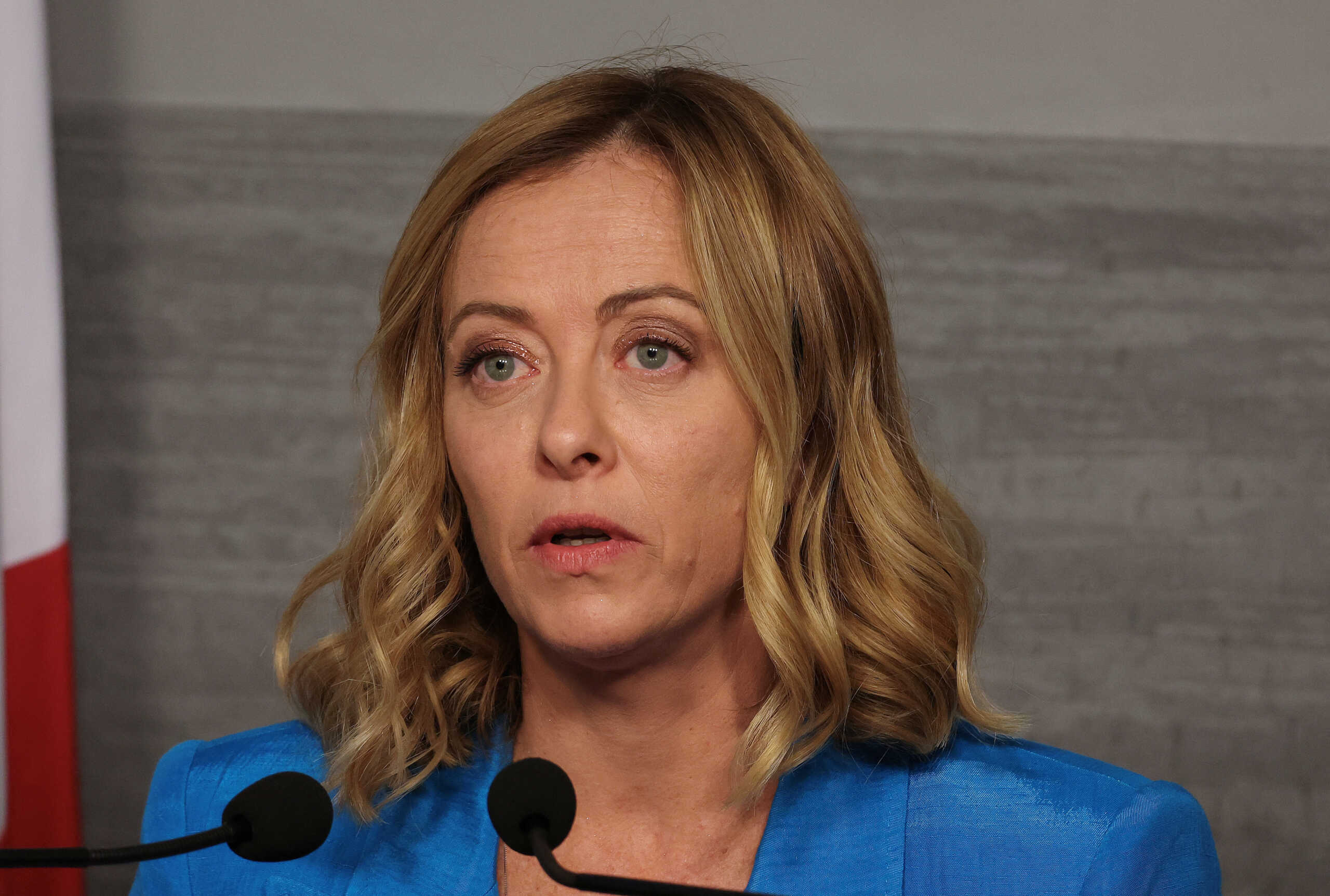 Italian Prime Minister Giorgia Meloni attends a press conference with Lebanon's caretaker Prime Minister Najib Mikati (not seen) in Beirut, Lebanon October 18, 2024. REUTERS