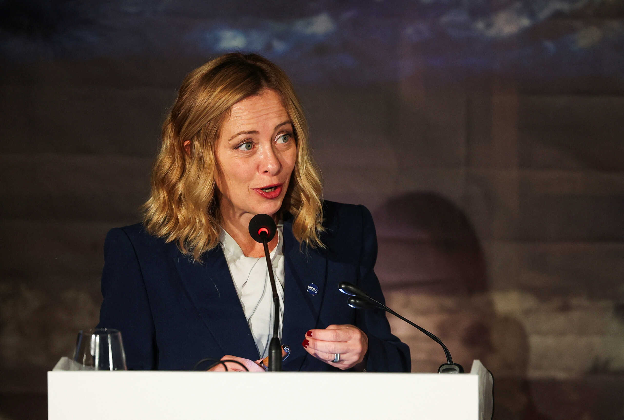 Italy's Prime Minister Giorgia Meloni speaks during a press conference on the day of the Euro-Mediterranean Summit (EU-MED9) in a resort near Paphos, Cyprus, October 11, 2024. REUTERS