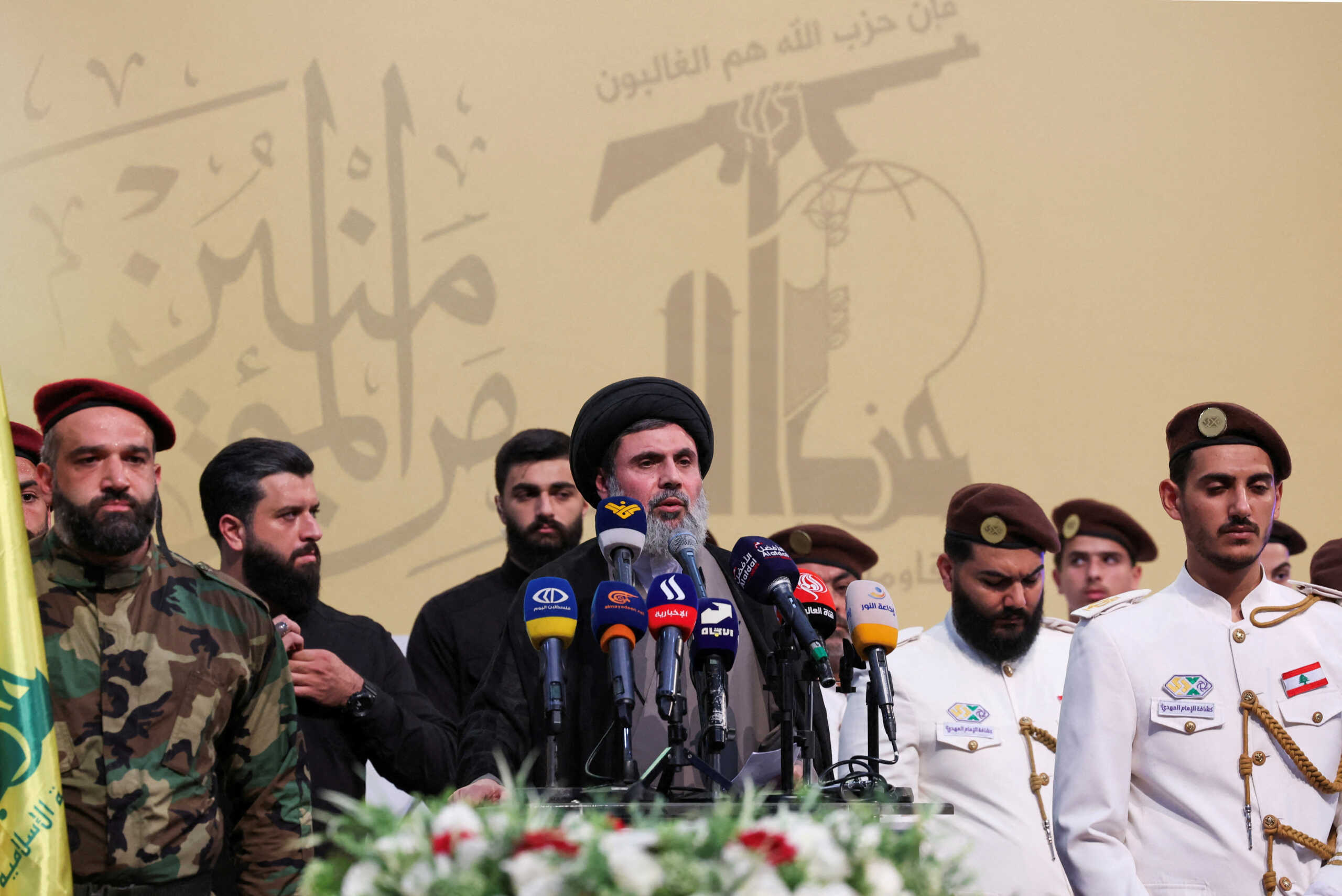 FILE PHOTO: Senior Hezbollah official Hashem Safieddine speaks during the funeral of Mohammed Nasser, a senior Hezbollah commander who was killed by what security sources say was an Israel strike on Wednesday, in Beirut's southern suburbs, Lebanon July 4, 2024. REUTERS