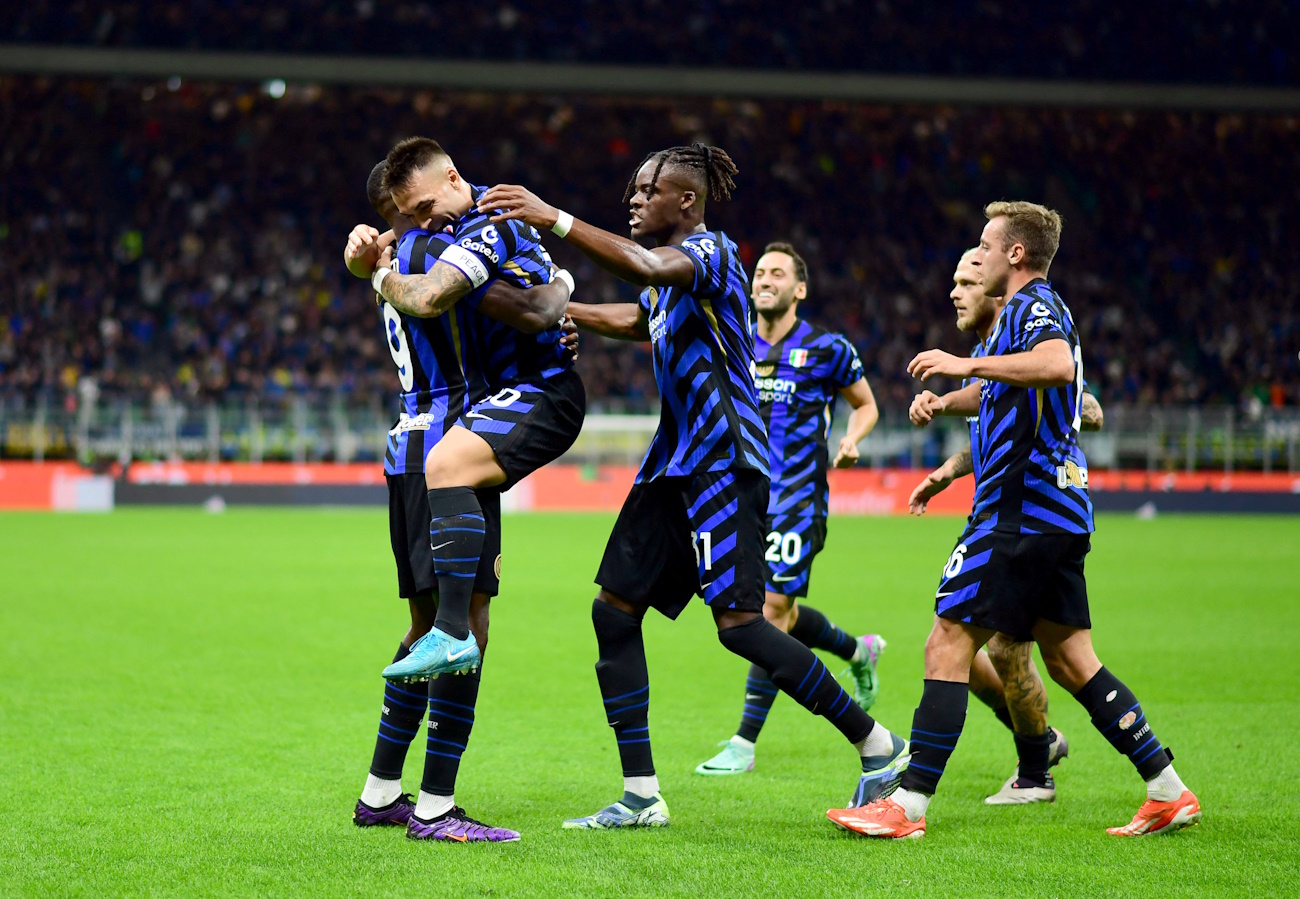Soccer Football - Serie A - Inter Milan v Torino - San Siro, Milan, Italy - October 5, 2024 Inter Milan's Marcus Thuram celebrates scoring their first goal with Lautaro Martinez REUTERS