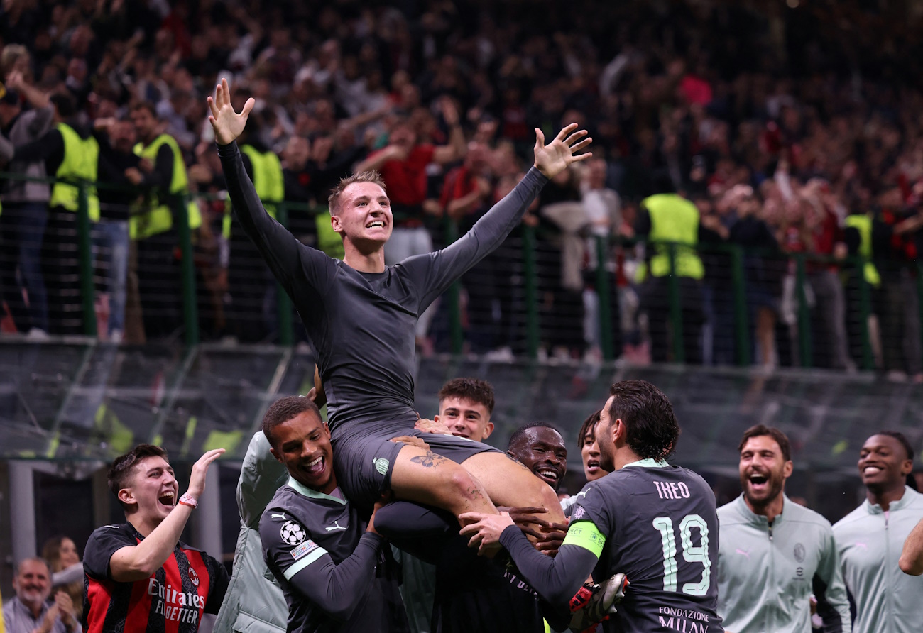 Soccer Football - Champions League - AC Milan v Club Brugge - San Siro, Milan, Italy - October 22, 2024 AC Milan's Francesco Camarda celebrates scoring a goal that was later disallowed REUTERS