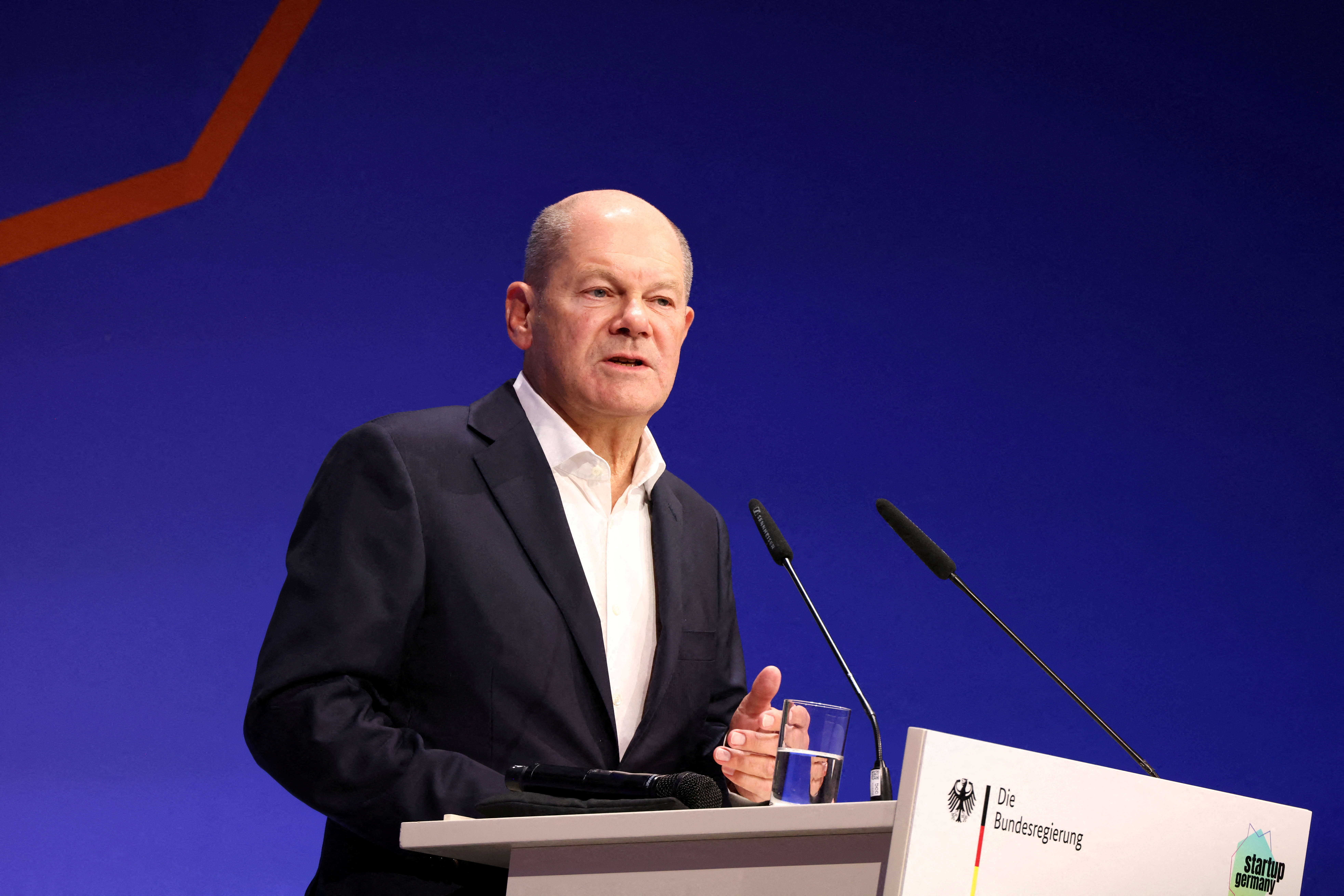 FILE PHOTO: German Chancellor Olaf Scholz attends Startup Germany Summit, in Berlin, Germany, September 17, 2024. REUTERS