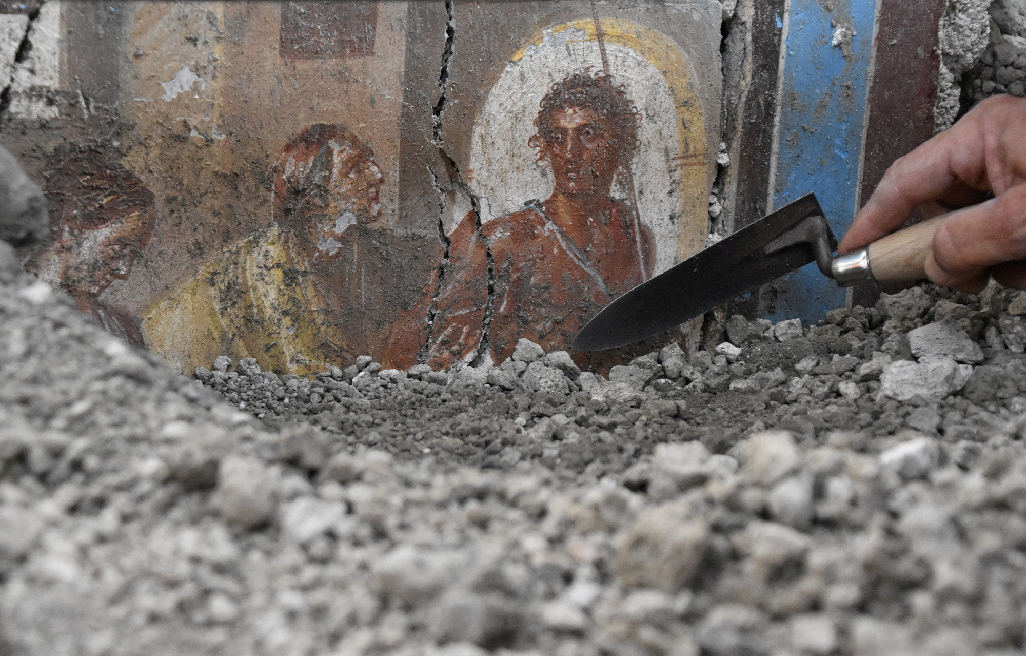 A detail of a richly decorated but uncommonly small house with finely preserved frescoes of mythological scenes is pictured in the archaeological site in Pompeii, Italy, in this handout photo obtained by Reuters on October 24, 2024. Parco Archeologico di Pompei