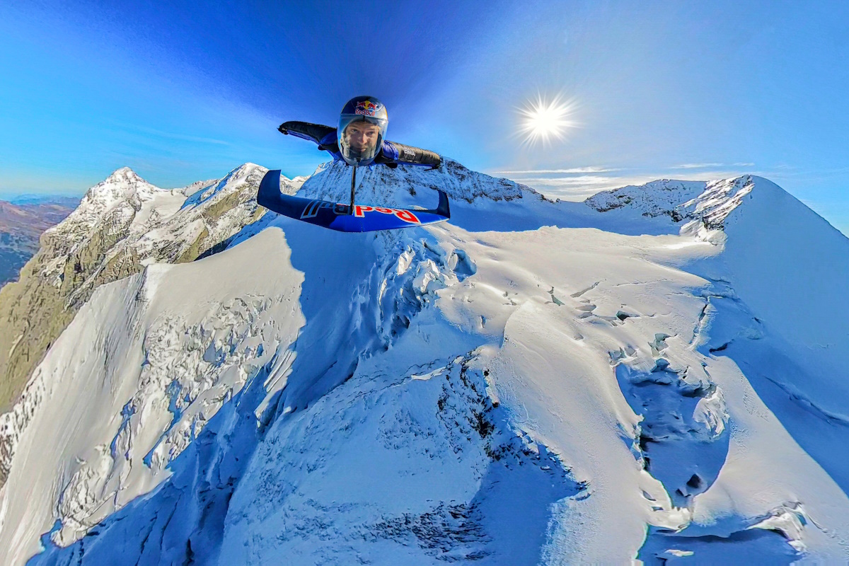 Peter Salzmann seen during the Red Bull Wingsuit Foil Project in Lauterbrunnen, Switzerland on October 23, 2024.  [EDITORS NOTE: Image is a screengrab of an action camera and edited with photoshop]