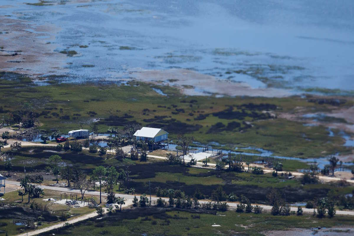 An aerial view shows damage to properties, in the wake of Hurricane Helene, as U.S. President Joe Biden visits storm-damaged areas, in Taylor County, Florida, U.S., October 3, 2024. REUTERS