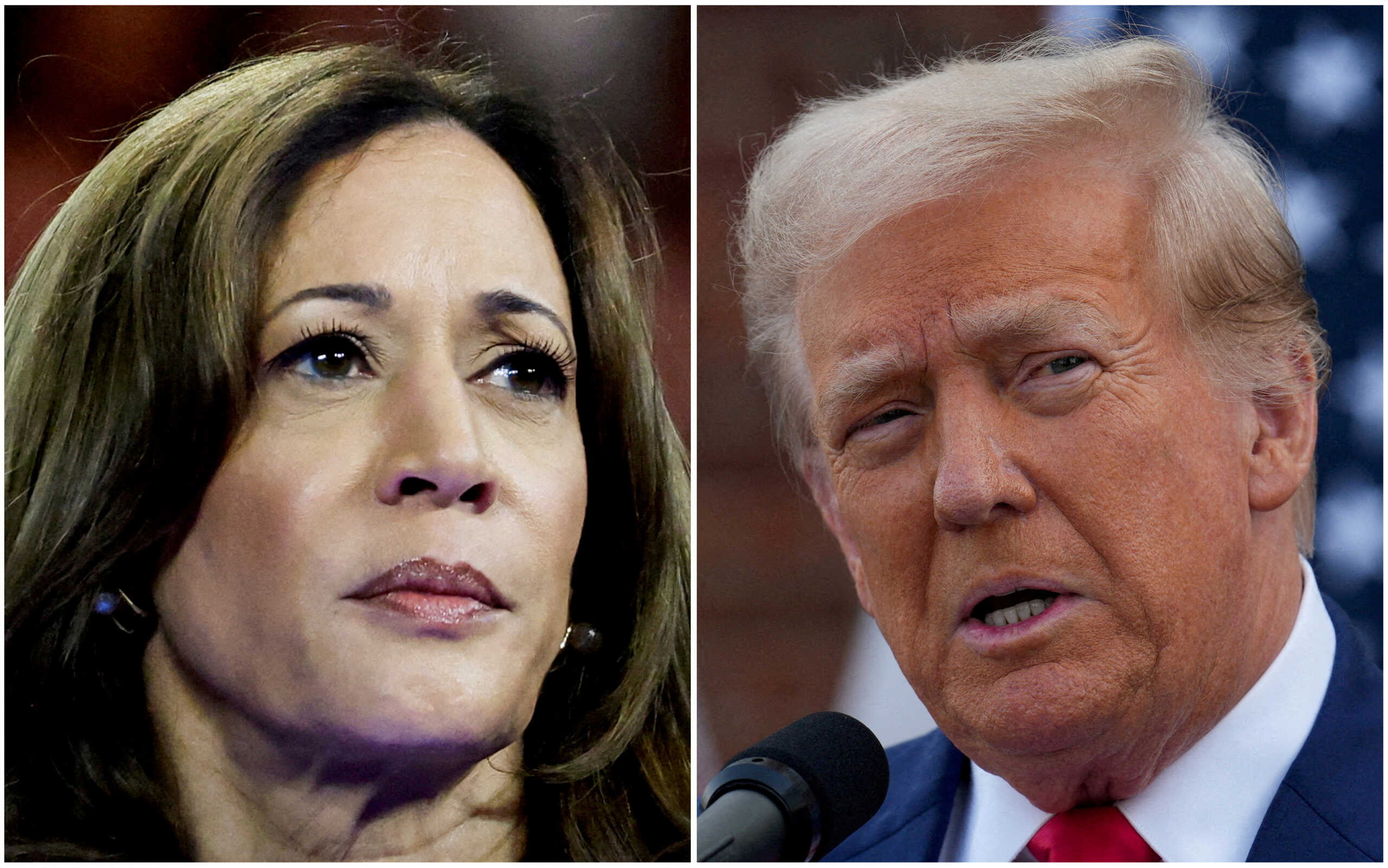 FILE PHOTO: U.S. Vice President Kamala Harris in Milwaukee, Wisconsin, U.S. August 20, 2024 and former U.S. President Donald Trump in Bedminster, New Jersey, U.S., August 15, 2024 are seen in a combination of file photographs. REUTERS