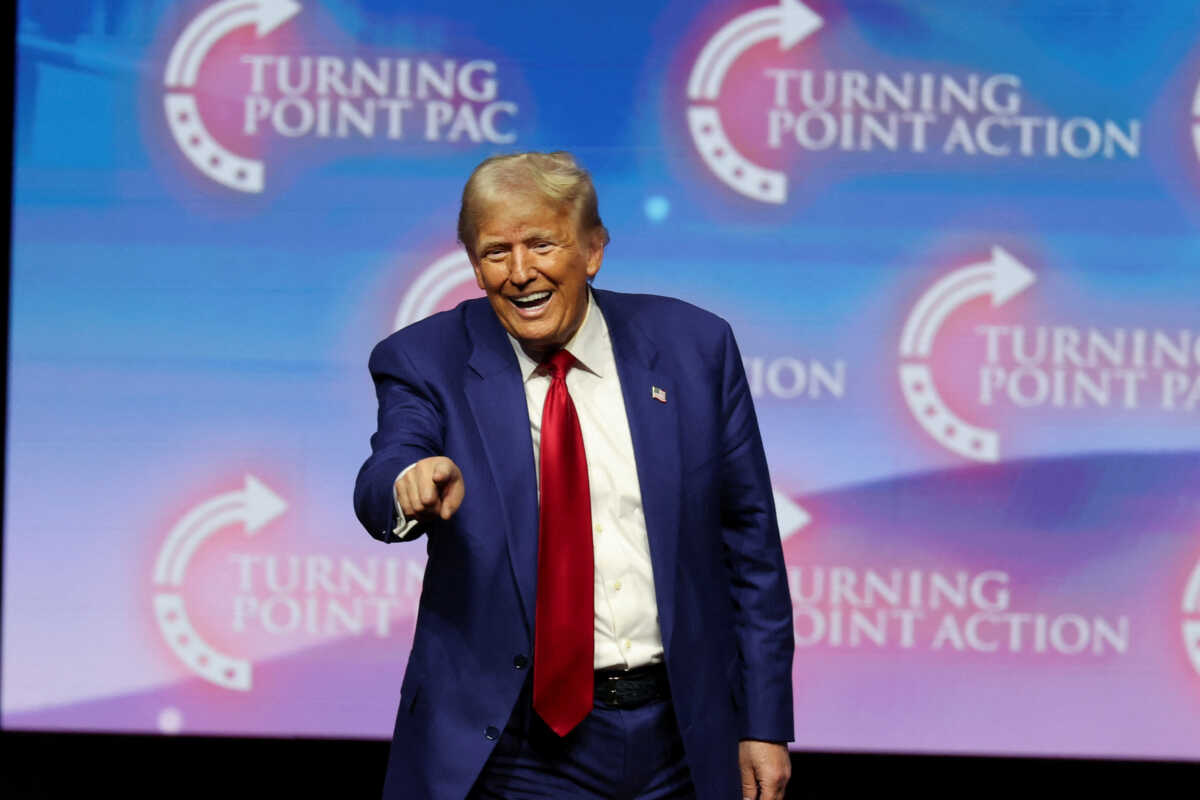 Republican presidential nominee and former U.S. President Donald Trump attends a campaign event sponsored by conservative group Turning Point Action, in Las Vegas, Nevada, U.S. October 24, 2024.  REUTERS