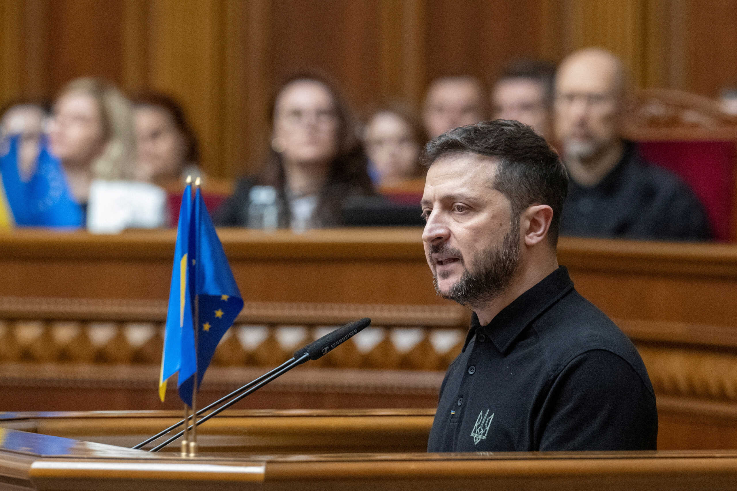 Ukraine's President Volodymyr Zelenskiy addresses lawmakers as he presents the so-called 'Victory Plan' during a parliament session, amid Russia's attack on Ukraine, in Kyiv, Ukraine October 16, 2024. REUTERS