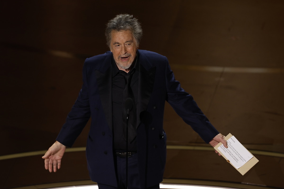 epa11213407 Presenter for Best Picture Al Pacino on stage during the 96th annual Academy Awards ceremony at the Dolby Theatre in the Hollywood neighborhood of Los Angeles, California, USA, 10 March 2024. The Oscars are presented for outstanding individual or collective efforts in filmmaking in 23 categories.  EPA