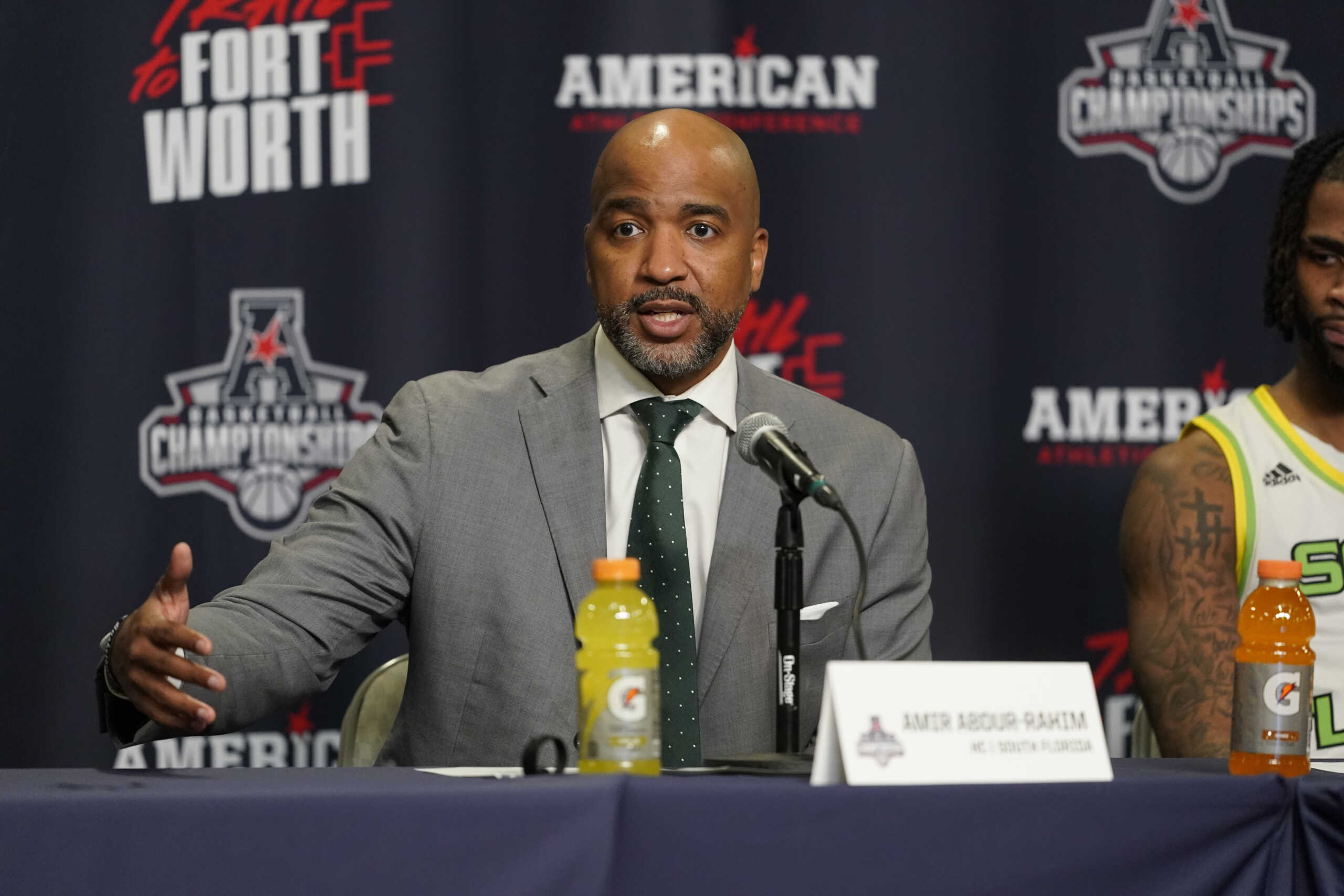 FORT WORTH, TX - MARCH 15: South Florida Bulls head coach Amir Abdur-Rahim talks with media during the American Athletic Conference Championship tournament game between the Wichita State Shockers and UAB Blazers on March 15, 2024 at Dickies Arena in Fort Worth, Texas. (Photo by Chris Leduc