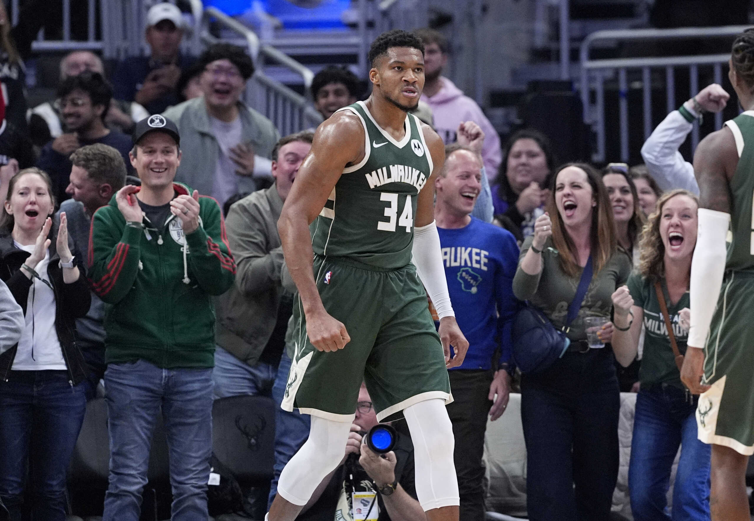 Oct 25, 2024; Milwaukee, Wisconsin, USA; Milwaukee Bucks forward Giannis Antetokounmpo (34) after dunking the ball against the Chicago Bulls in the first half at Fiserv Forum. Mandatory Credit: Michael McLoone-Imagn Images