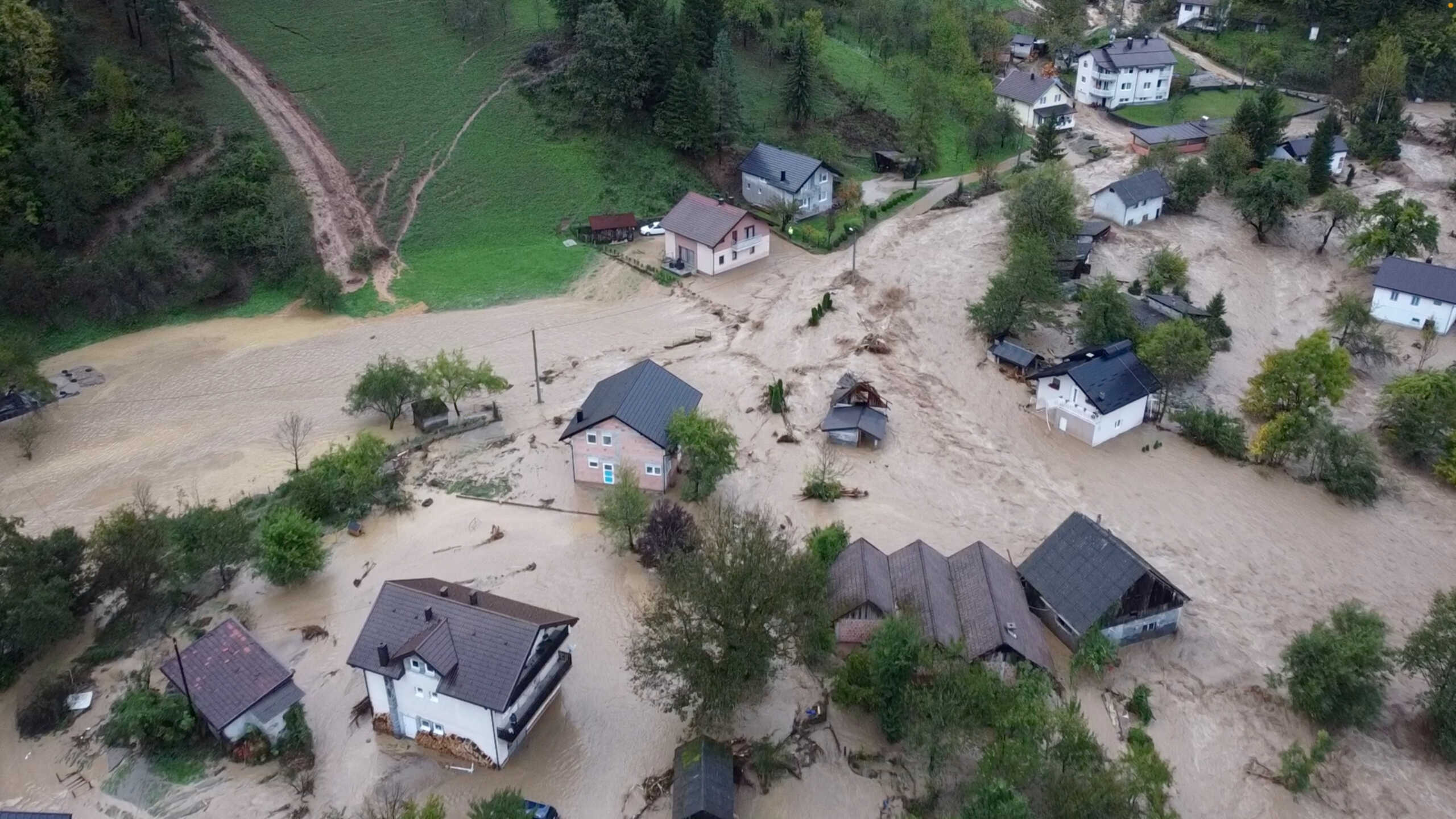 A drone view shows a flooded residential area in Luke, Bosnia and Herzegovina, October 4, 2024, in this screen grab obtained from a social media video. Robert Oroz