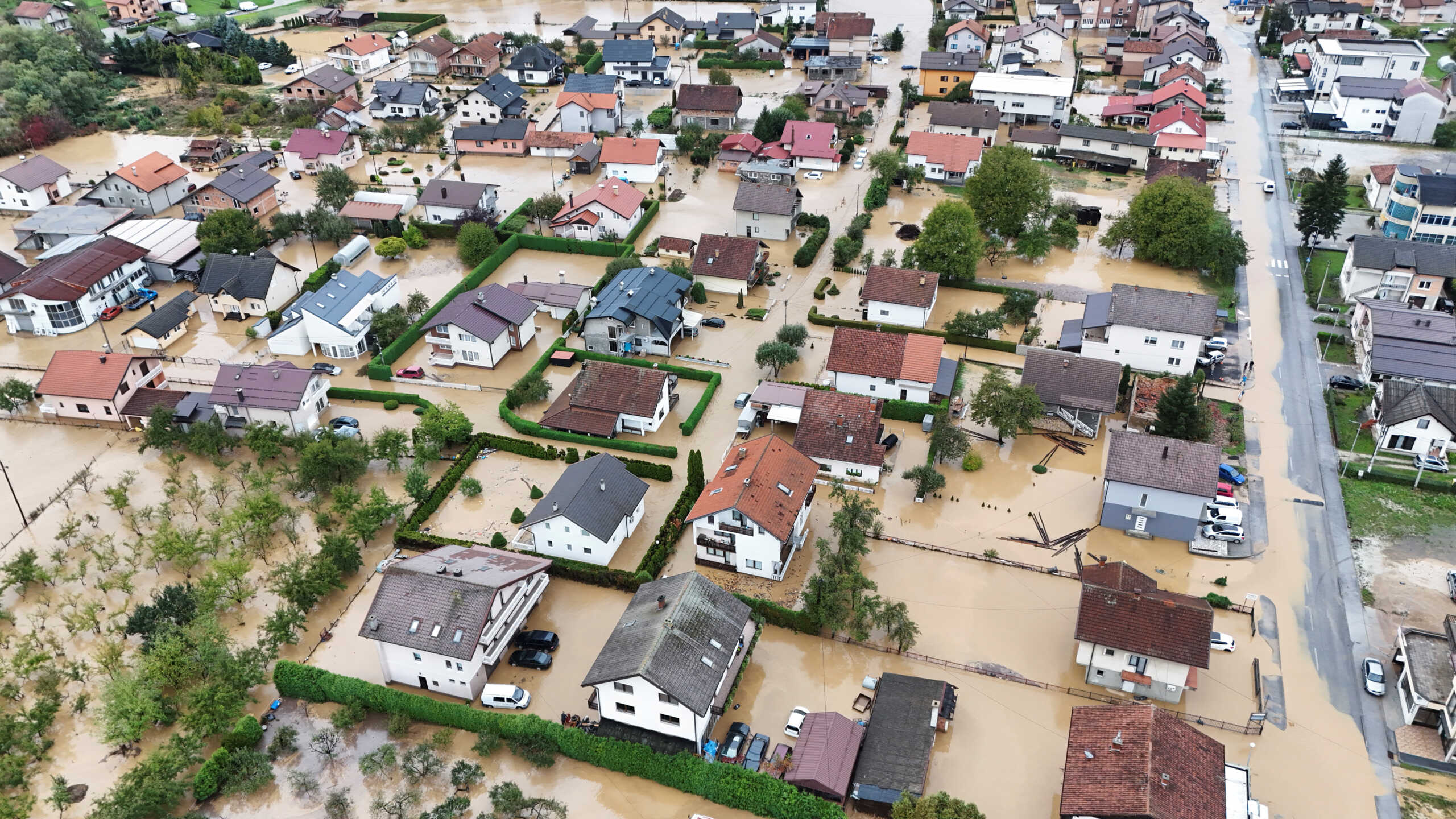 A drone view shows a flooded residential area in Kiseljak, Bosnia and Herzegovina, October 4, 2024.REUTERS