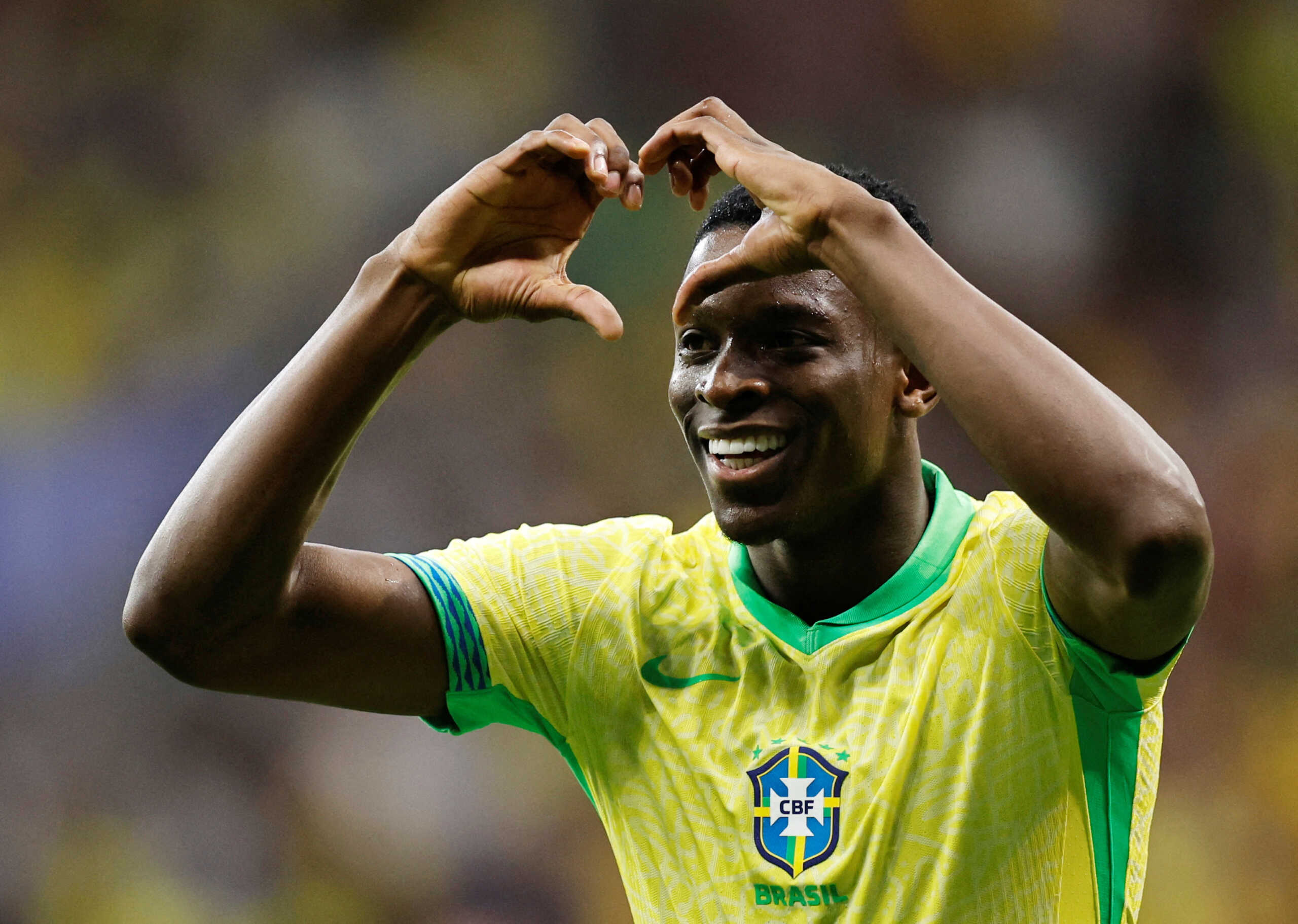 Soccer Football - World Cup - South American Qualifiers - Brazil v Peru - Estadio Mane Garrincha, Brasilia, Brazil - October 15, 2024 Brazil's Luiz Henrique celebrates scoring their fourth goal REUTERS