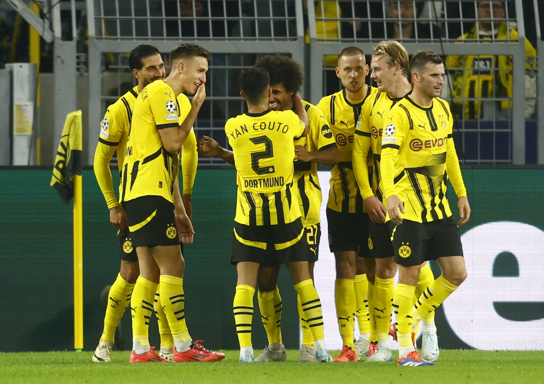 Soccer Football - Champions League - Borussia Dortmund v Celtic - Signal Iduna Park, Dortmund, Germany - October 1, 2024  Borussia Dortmund's Karim Adeyemi celebrates scoring their fifth goal with teammate Yan Couto REUTERS