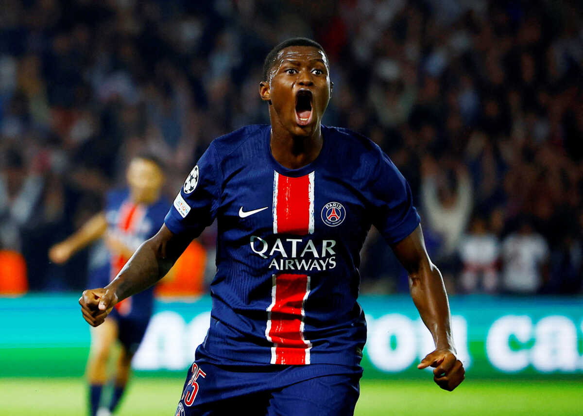 Soccer Football - Champions League - Paris St Germain v Girona - Parc des Princes, Paris, France - September 18, 2024 Paris St Germain's Nuno Mendes celebrates scoring their first goal REUTERS