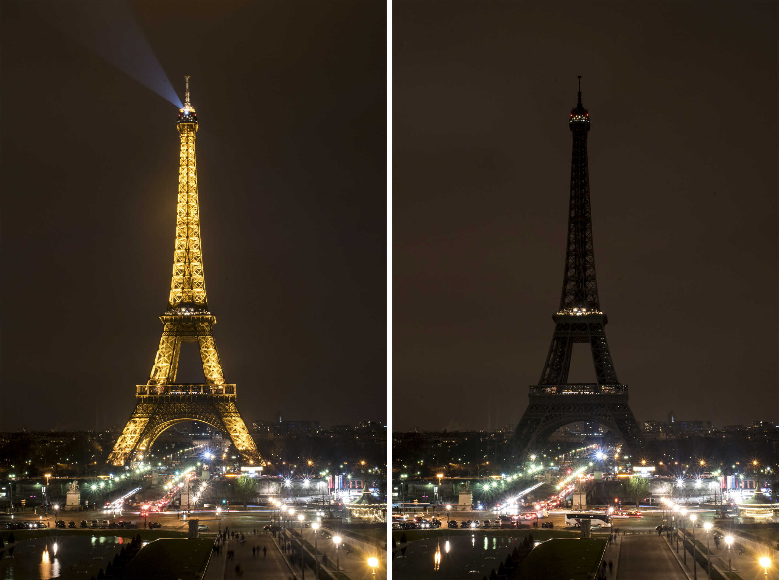 COMBINATION PHOTO - This combination photo shows the Eiffel Tower before and after its lights were turned off to mark Earth Hour in Paris, France, Saturday, March 19, 2016. Cities around the world were turning out the lights Saturday evening to mark the 10th annual Earth Hour, a global movement dedicated to protecting the planet and highlighting the effects of climate change. (AP Photo