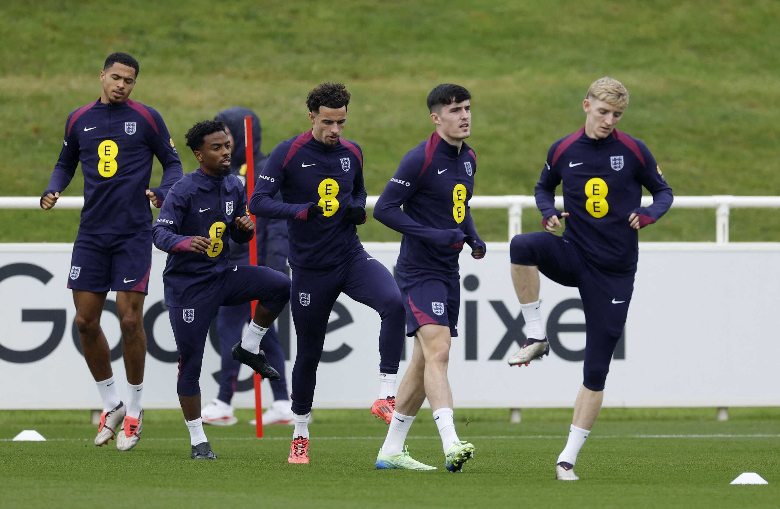 Soccer Football - UEFA Nations League - England Training - St George's Park, Burton upon Trent, Britain - October 9, 2024 England's Anthony Gordon, Tino Livramento, Curtis Jones, Angel Gomes and Levi Colwill during training Action Images via Reuters