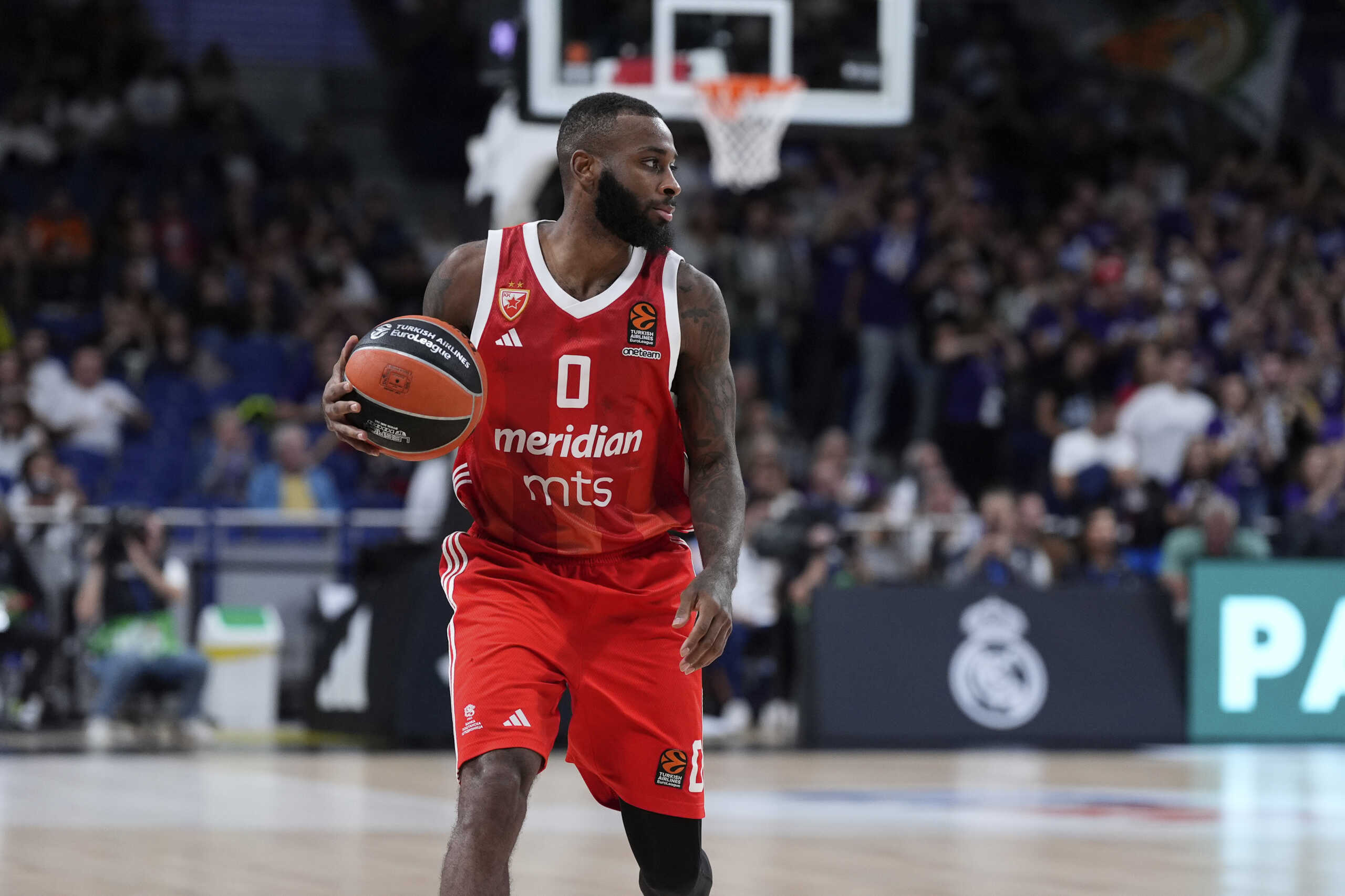 Codi Miller-McIntyre of Crvena Zvezda in action during the Turkish Airlines EuroLeague, Regular Season Round Five, basketball match played between Real Madrid Baloncesto and Crvena Zvezda Meridianbet Belgrade at Wizink Center pavilion on October 24, 2024 in Madrid, Spain. AFP7 24