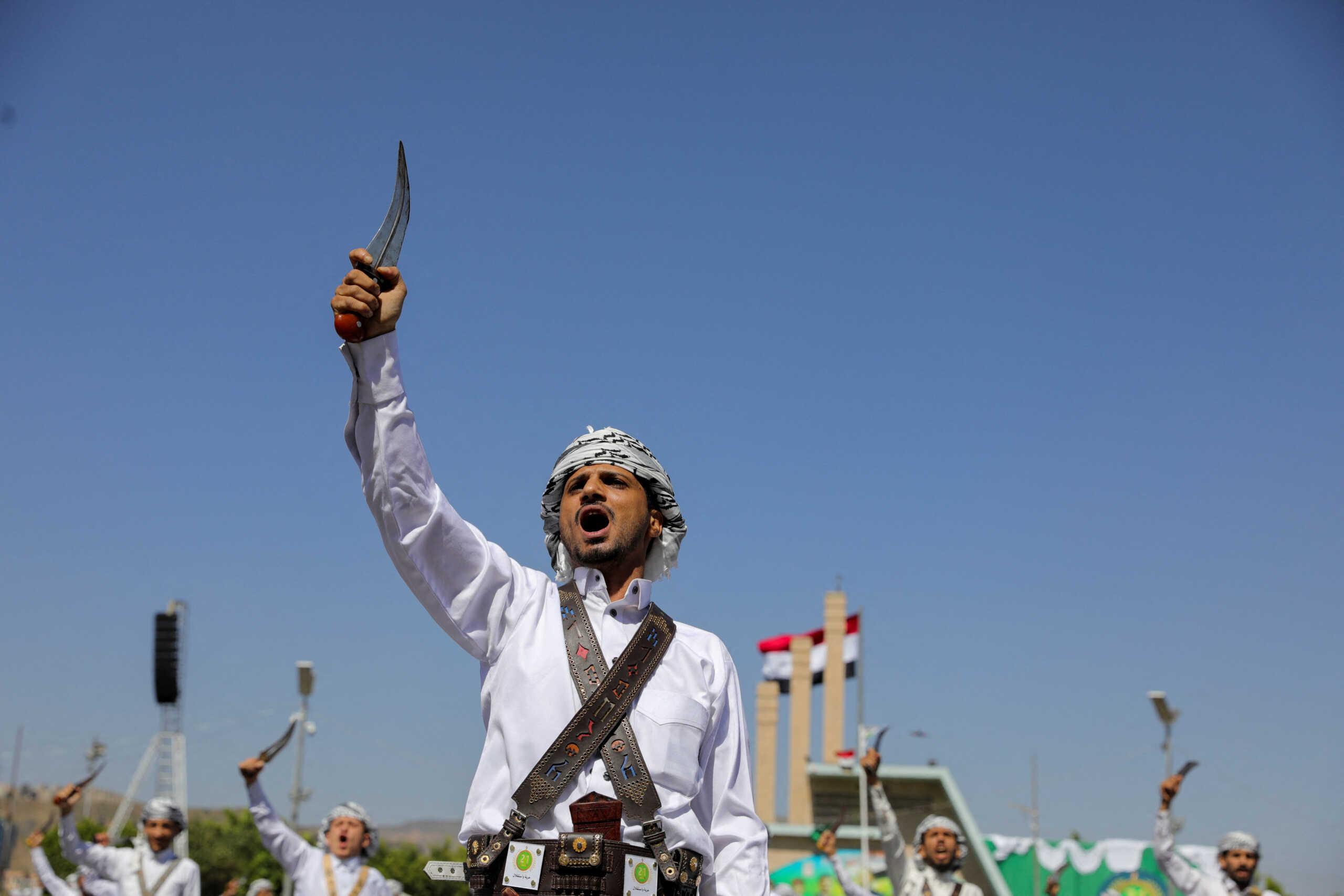Members of a Houthi band perform during a ceremony marking the 10th anniversary of the Houthi takeover in Sanaa, Yemen September 21, 2024. REUTERS