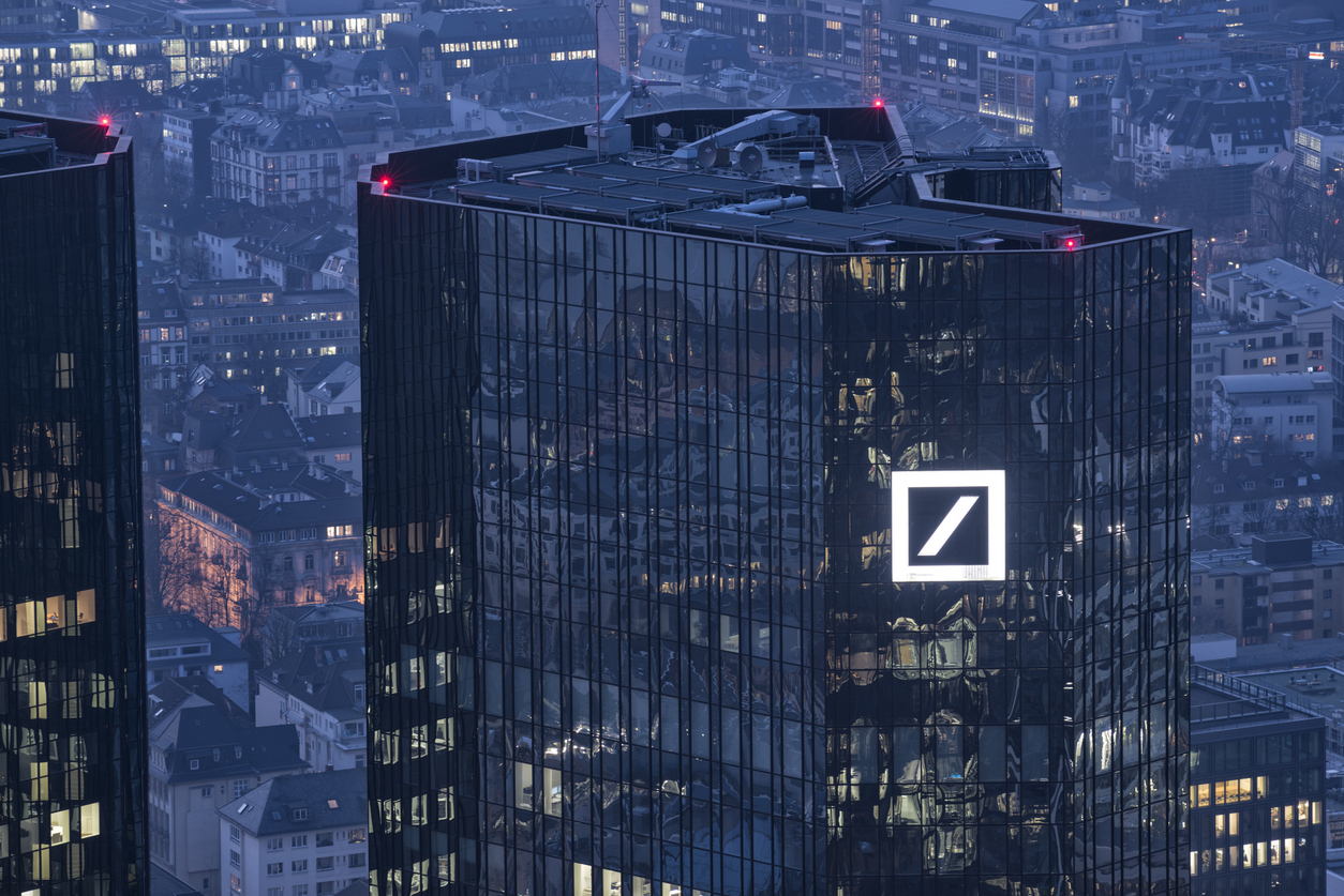 Frankfurt, Germany-March 6, 2014 : View at the Deutsche Bank Building at dusk.  The Deutsche Bank is a global Bank headquartered in Frankfurt, Germany.