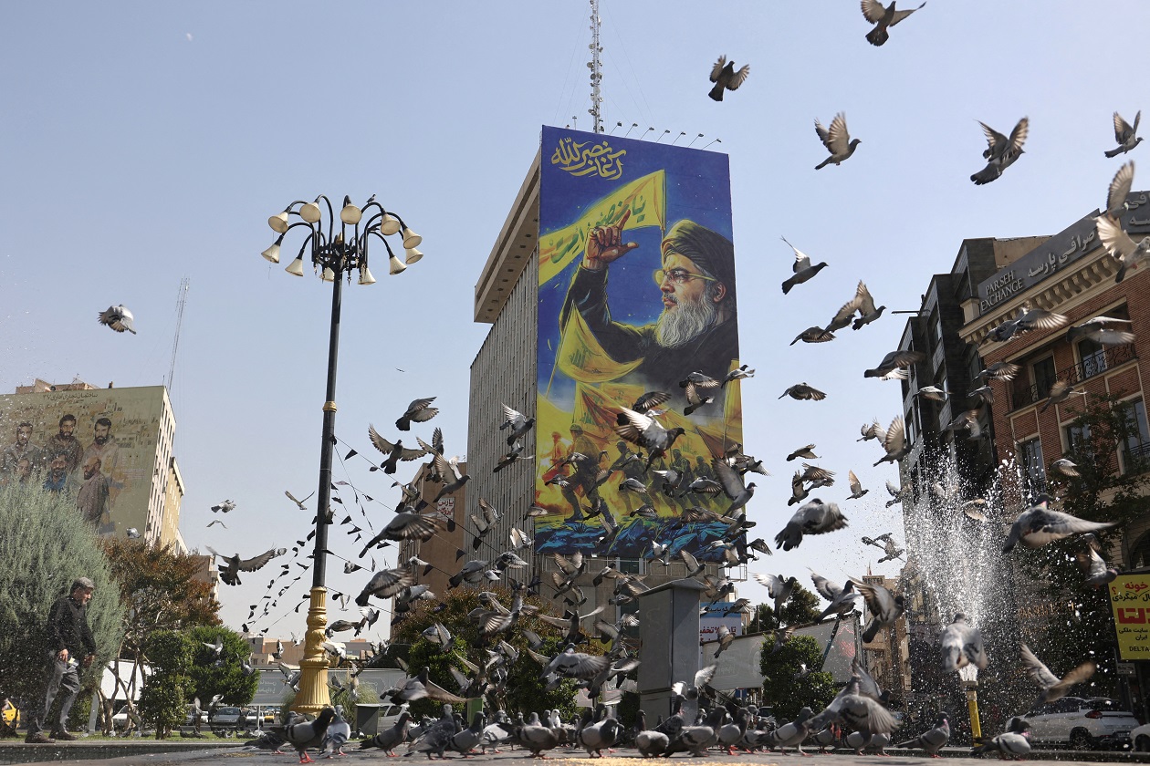 A billboard with a picture of the late Lebanon's Hezbollah leader Hassan Nasrallah is displayed on a building in Tehran, Iran, October 2, 2024. Majid Asgaripour
