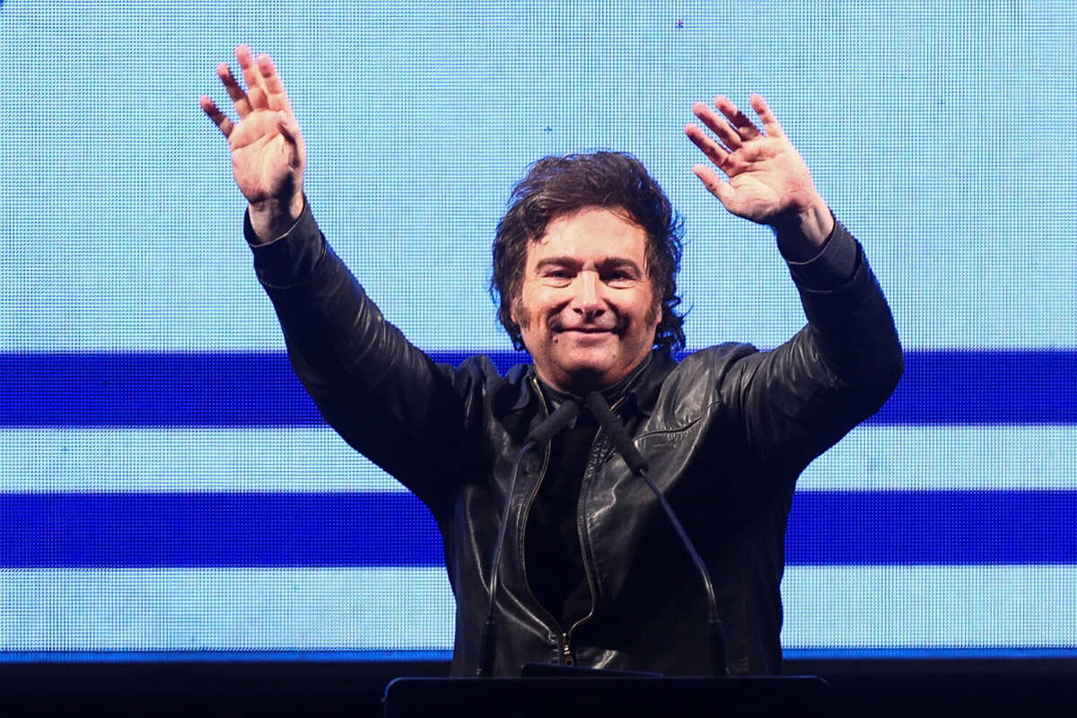 Argentina's President Javier Milei gestures onstage during a rally to launch his party, La Libertad Avanza, nationally, in Buenos Aires, Argentina September 28, 2024. REUTERS