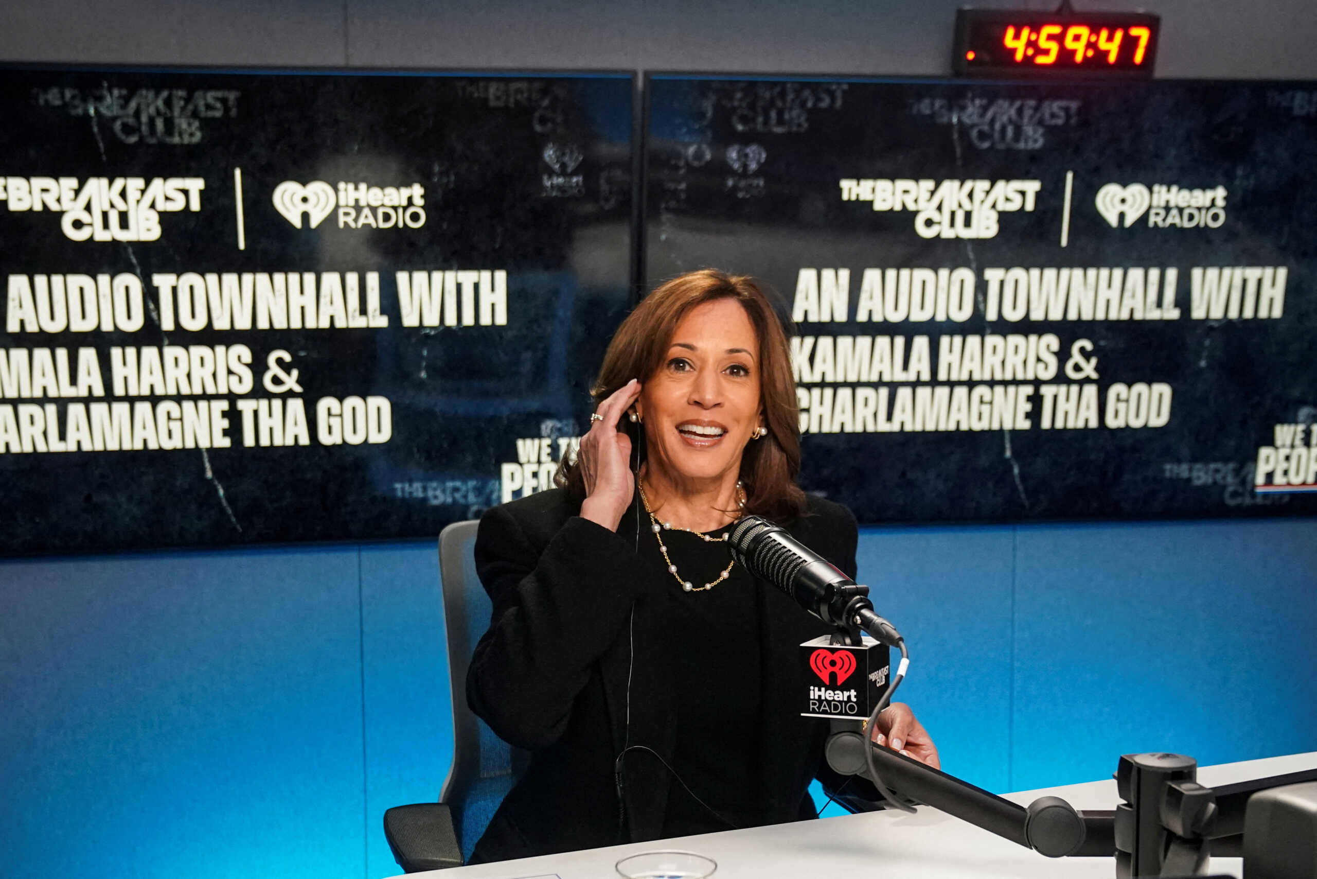 Democratic presidential nominee U.S. Vice President Kamala Harris looks on as she participates in a "town hall" with radio host Charlamagne Tha God, in Detroit, Michigan, U.S., October 15, 2024.REUTERS