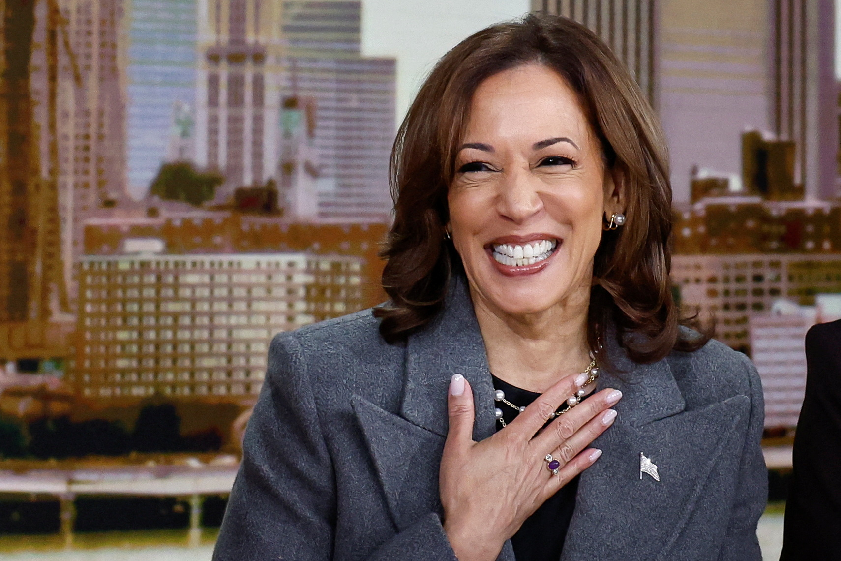 Democratic presidential nominee and U.S. Vice President Kamala Harris reacts, as she appears on ABC's "The View" in New York, U.S., October 8, 2024. REUTERS
