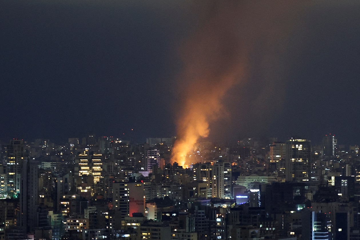 Smoke and fire rise over Beirut, after Israeli air strikes, amid ongoing hostilities between Hezbollah and Israeli forces, as seen from Sin El Fil, Lebanon, October 10, 2024. REUTERS