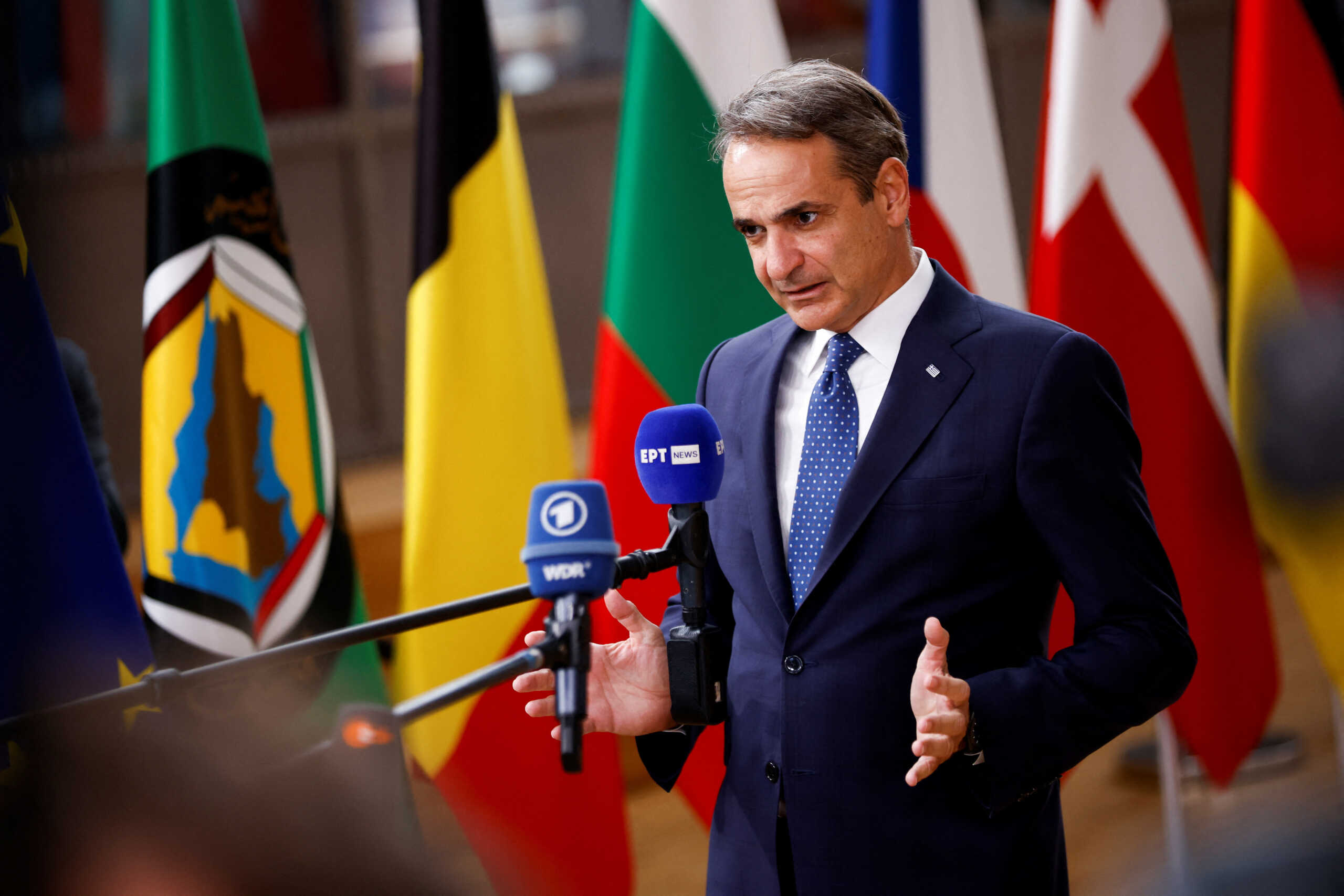 Greece's Prime Minister Kyriakos Mitsotakis speaks to the members of the media, as he attends a joint European Union and the Gulf Cooperation Council (GCC) summit, in Brussels, Belgium October 16, 2024. REUTERS