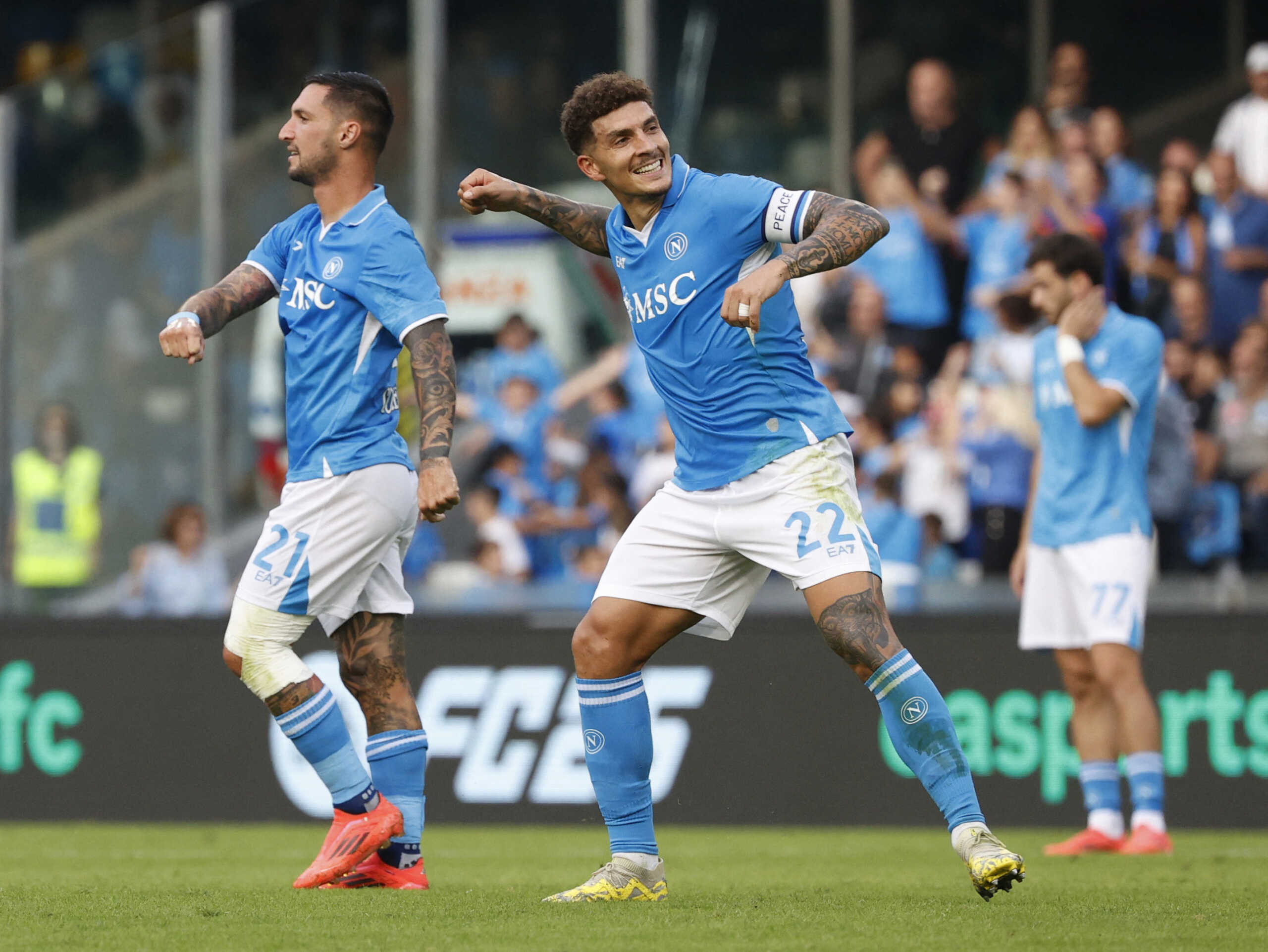 Soccer Football - Serie A - Napoli v Lecce - Stadio Diego Armando Maradona, Naples, Italy - October 26, 2024 Napoli's Giovanni Di Lorenzo celebrates scoring their first goal REUTERS