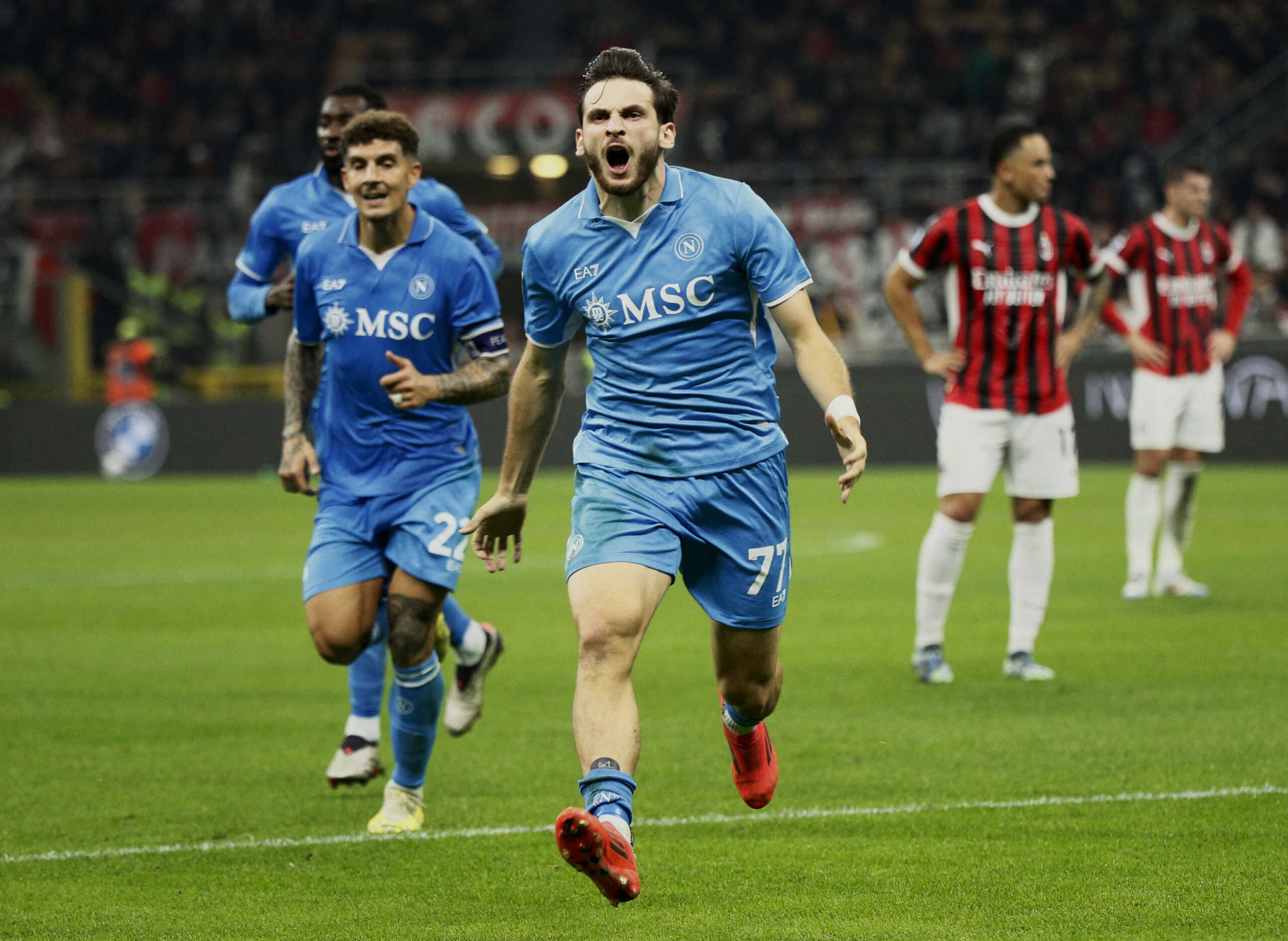 Soccer Football - Serie A - AC Milan v Napoli - San Siro, Milan, Italy - October 29, 2024 Napoli's Khvicha Kvaratskhelia celebrates scoring their second goal REUTERS