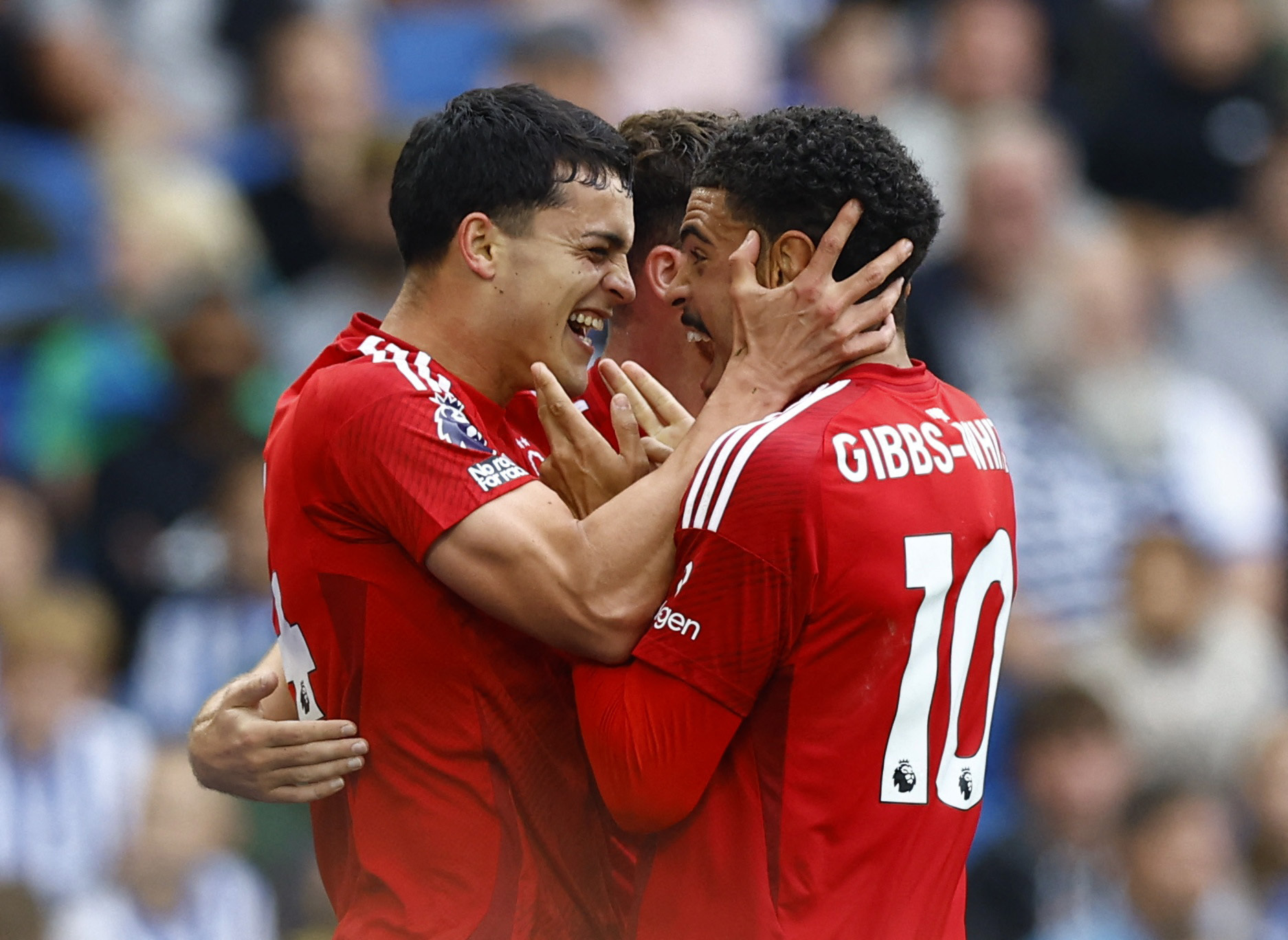 Soccer Football - Premier League - Brighton & Hove Albion v Nottingham Forest - The American Express Community Stadium, Brighton, Britain - September 22, 2024 Nottingham Forest's Ramon Sosa celebrates scoring their second goal with Morgan Gibbs-White Action Images via Reuters