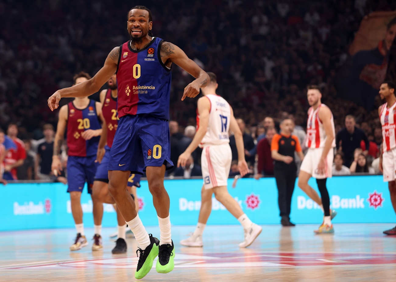 epa11667624 Barcelona's Kevin Punter reacts during the Euroleague basketball match between Crvena Zvezda Belgrade and FC Barcelona in Belgrade, Serbia, 18 October 2024.  EPA