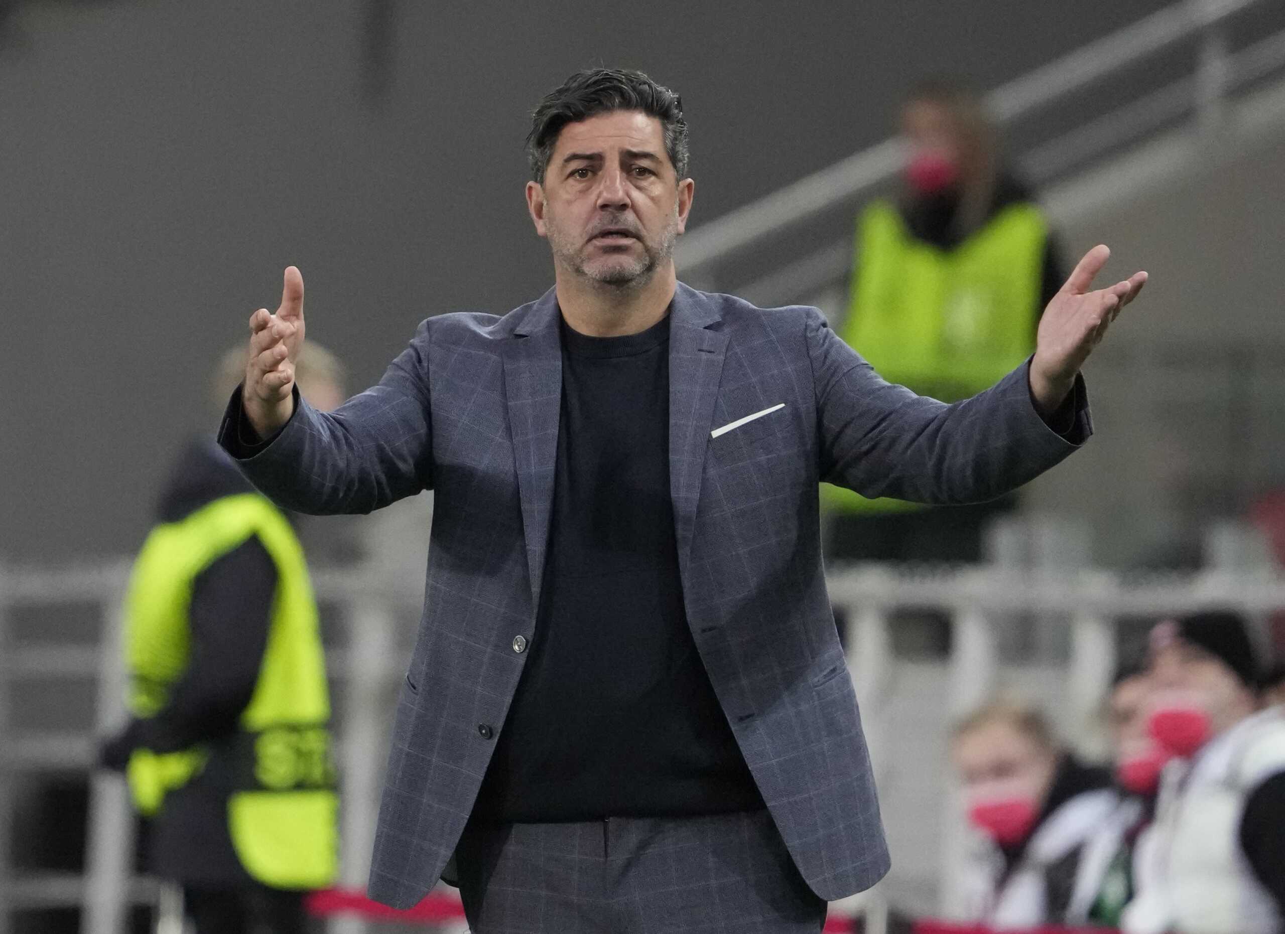 Spartak's head coach Rui Vitoria reacts during the Europa League Group C soccer match between Spartak Moscow and Legia Warsaw at the Otkritie Arena, in Moscow, Russia, Wednesday, Sept. 15, 2021. (AP Photo