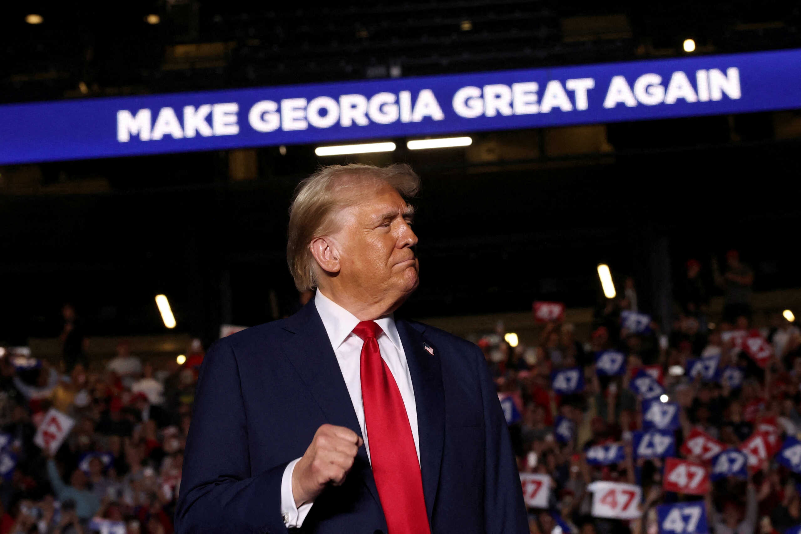 Republican presidential nominee former U.S. President Donald Trump attends a campaign rally at McCamish Pavilion, in Atlanta, Georgia, U.S., October 28, 2024. REUTERS